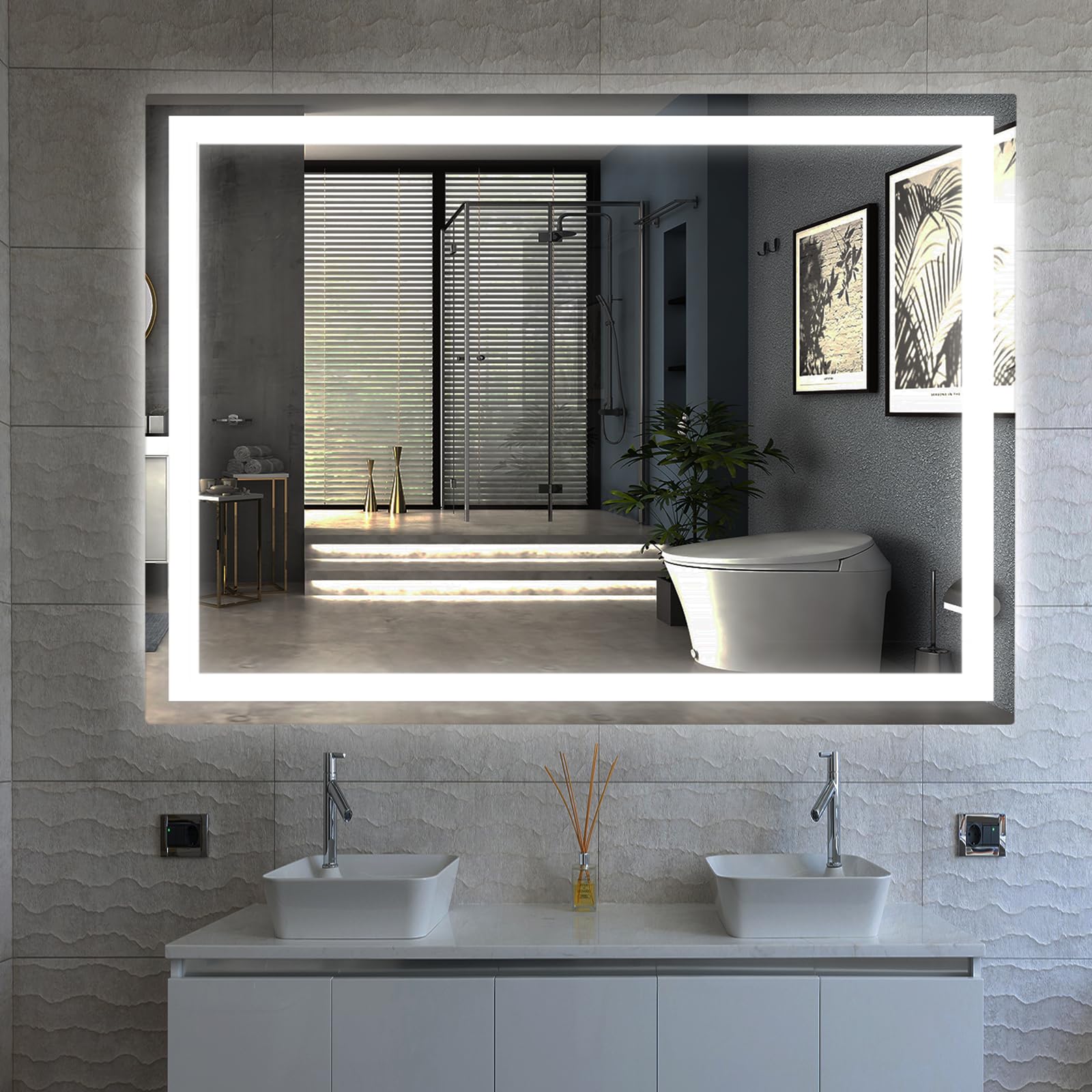 Yeeopp Bathroom Mirror with Lights for Wall Mounted 36x24 Large Vanity Led Mirror 6000K Bright Anti Fog Mirror Hangs Front Rectangle Restroom Decoration Makeup Mirrors