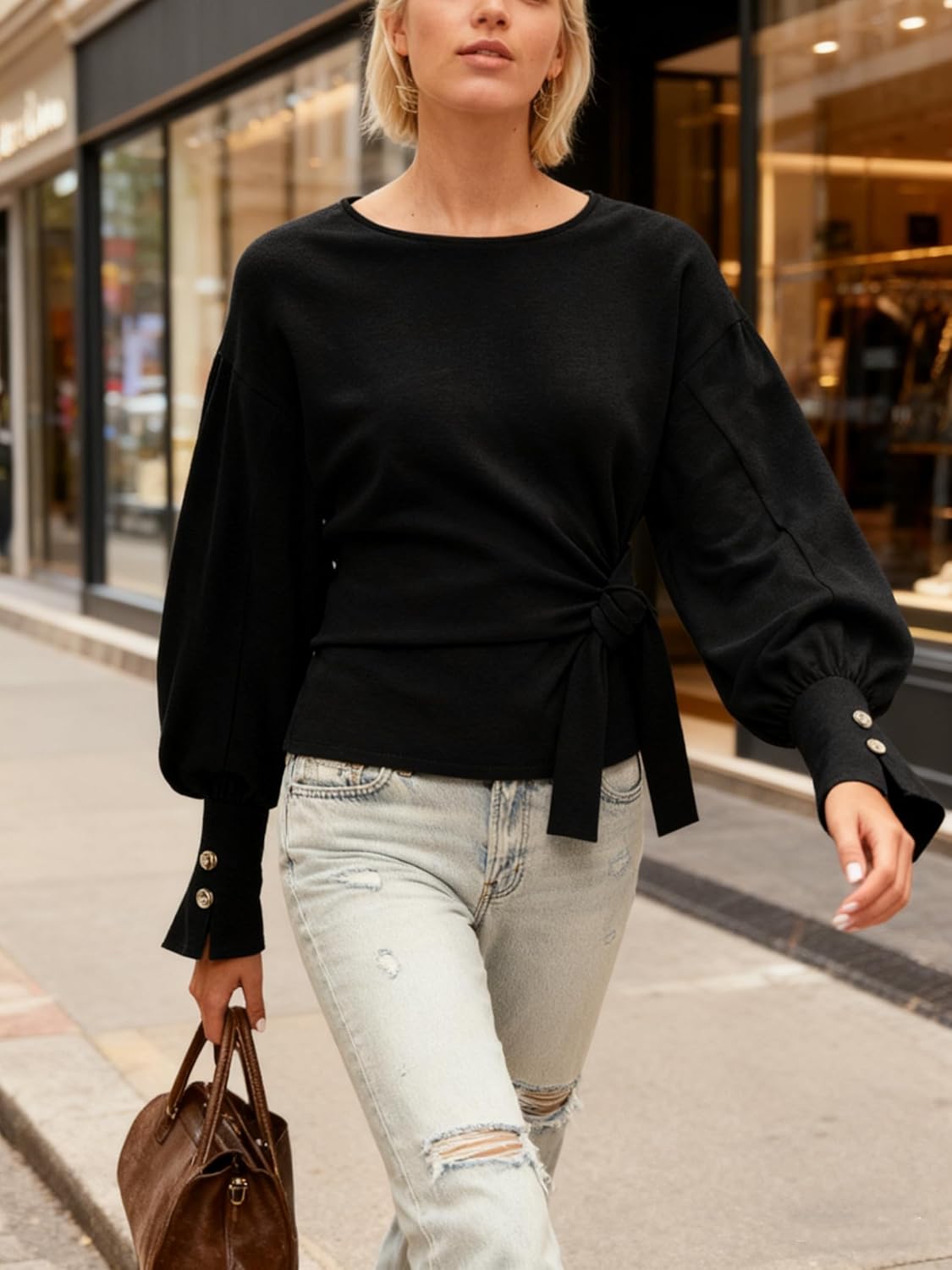 OLAPTA Women Twist Tie Knot Front Sweatshirts Long Balloon Sleeve Crewneck Loose Pullover Tops 2025 Side Tie Fall Sweatshirts - Image 4