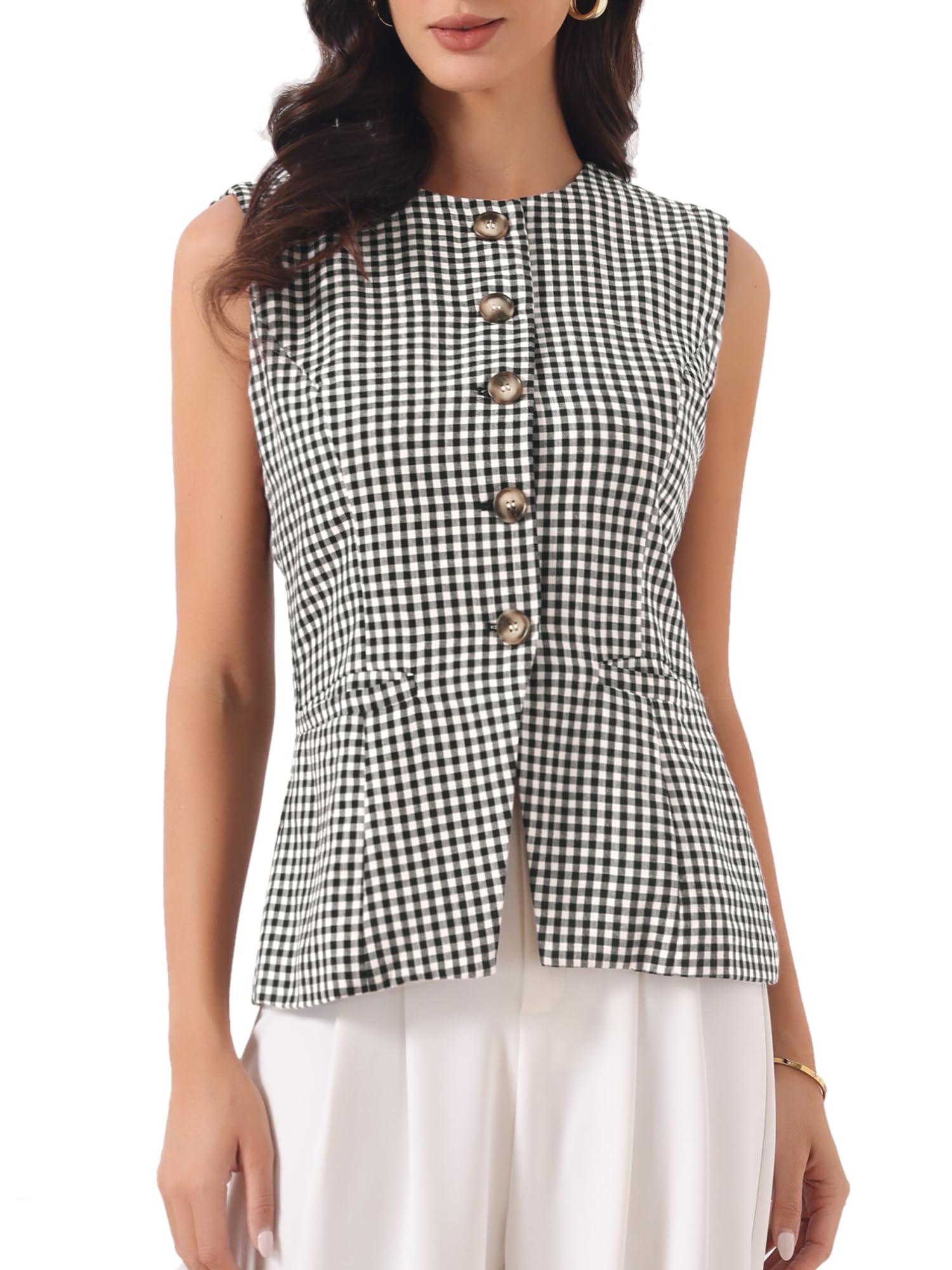 Allegra K Gilet de Tailleur Femme à Carreaux Blazer sans Manches à Col Rond Style Professionnel