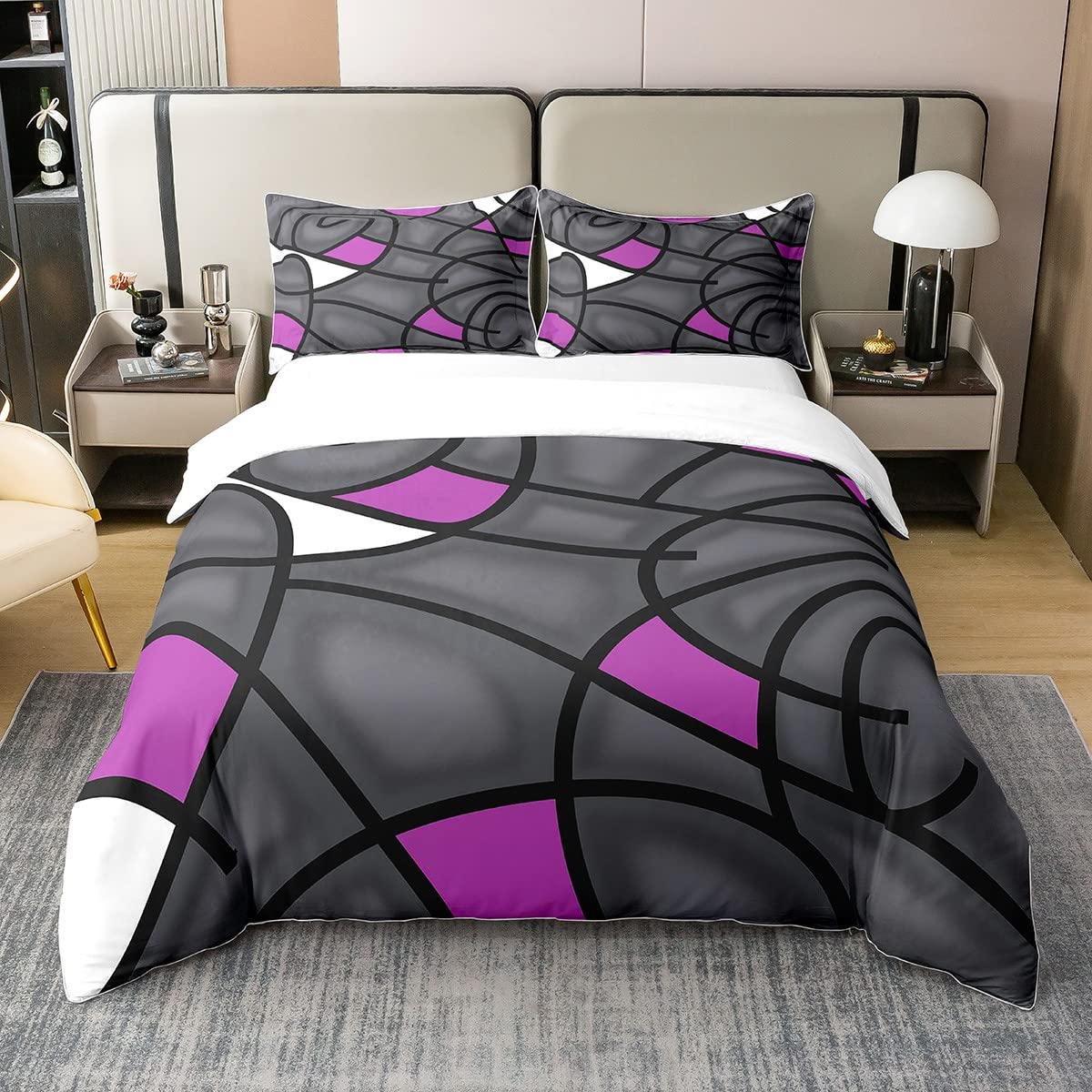 Loussiesd Black Purple Swirl Bed Set King Size Abstract Bedding Set Kids Comforter Cover Set for Women Men Gray Trippy Geometric Duvet Cover Breathable Bedspread Cover Decor