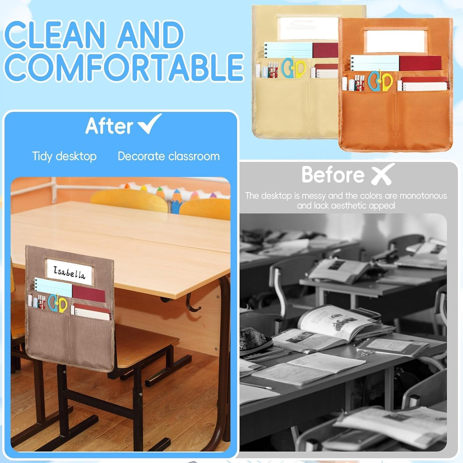 12 Pcs Chair Pockets for Classroom 16.7 x 19.3 inch Seat Sacks with Name Tag for Classroom Chairback Pocket Chart 3 Pockets Chairs Seat Back Organizer for Elementary School Daycare Home Supplies