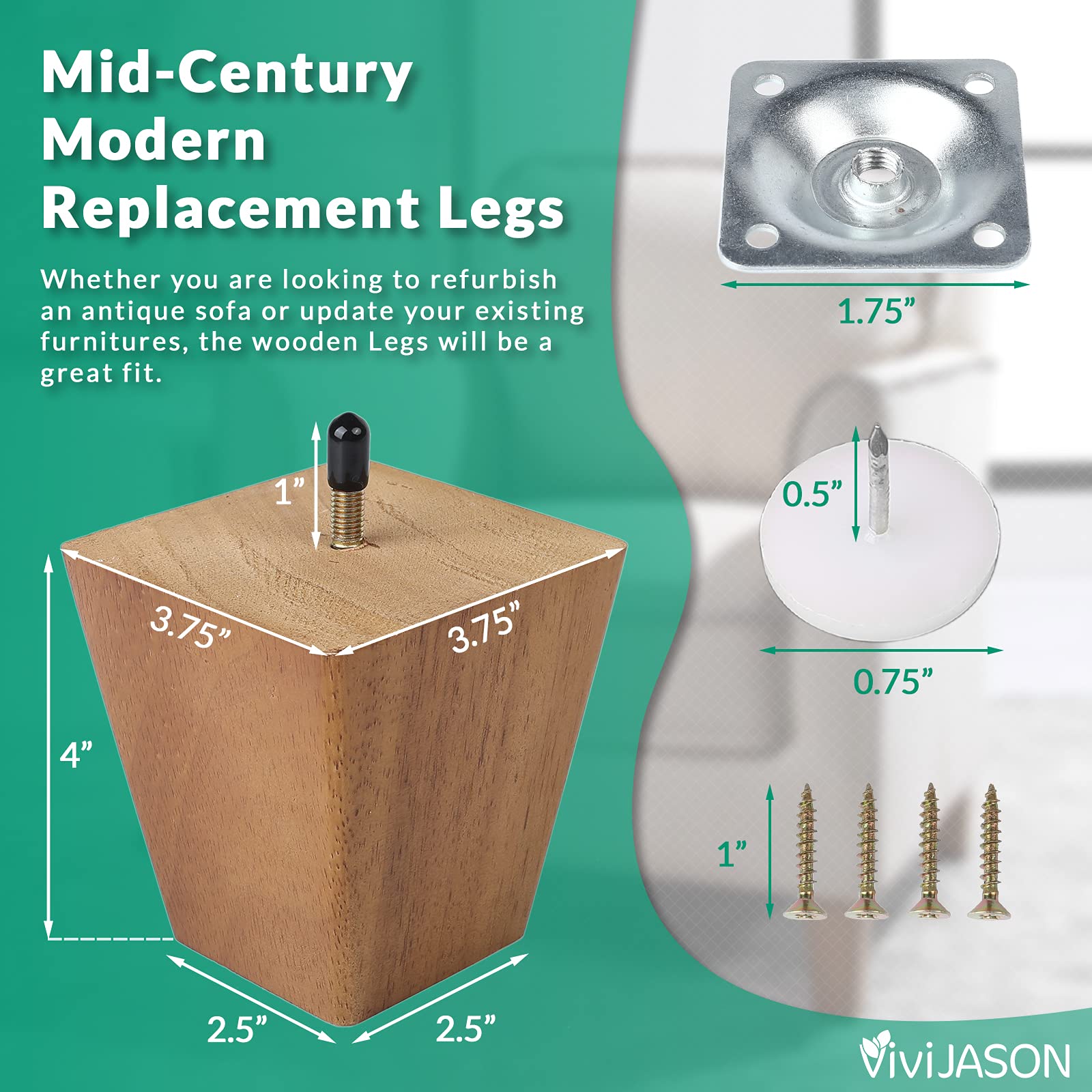 VIVIJASON 4 inch Wood Furniture Legs, Square Tapered Sofa Legs Pre-Drilled M8 Hanger Bolt, Mid-Century Sofa Replacement Legs for Cabinet Armchair Couch Ottoman Dresser, Set of 4 (Walnut)