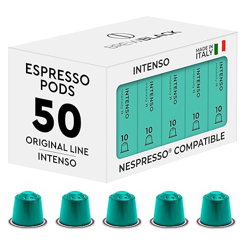 BrewBlack Espresso Pods Aluminium Intenso - 50 Cápsulas de Café Tostado Oscuro - Intensidad 11/12, Compatible con Nespresso* Línea original Made in