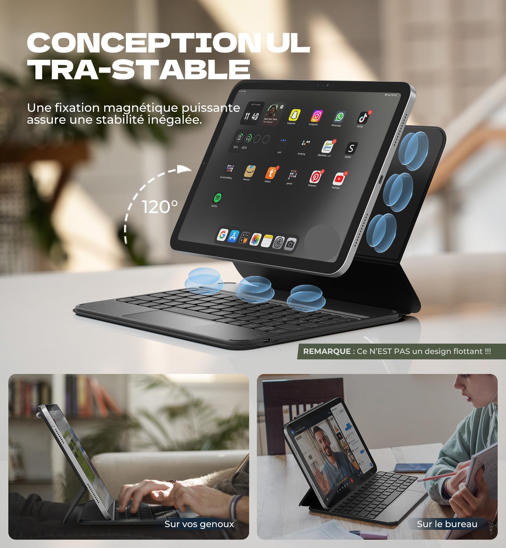 Dexnor Coque Clavier pour iPad 11ème Génération (A16) 11" 2025/10ème Génération 10.9" 2022, Magnétique Ultra-mince Détachable avec Multi-touch Trackpad Rétro-éclairé Porte Crayon, Français AZERTY Noir
