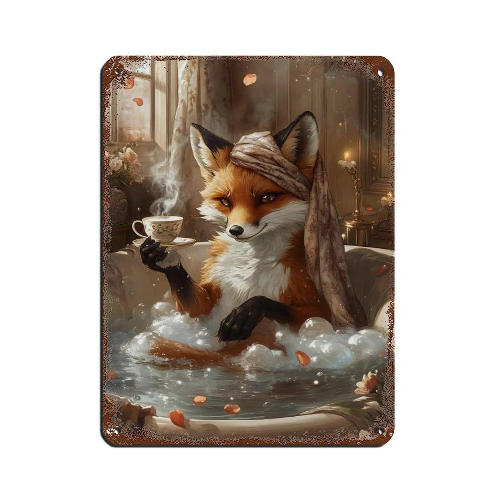 Whimsical Fox Bath Art,Cute Fox with Tea Cup Tin Sign Vintage Metal Pub Club Cafe Bar Home Wall Art Decoration Poster Retro 12x16inch(30x40cm)