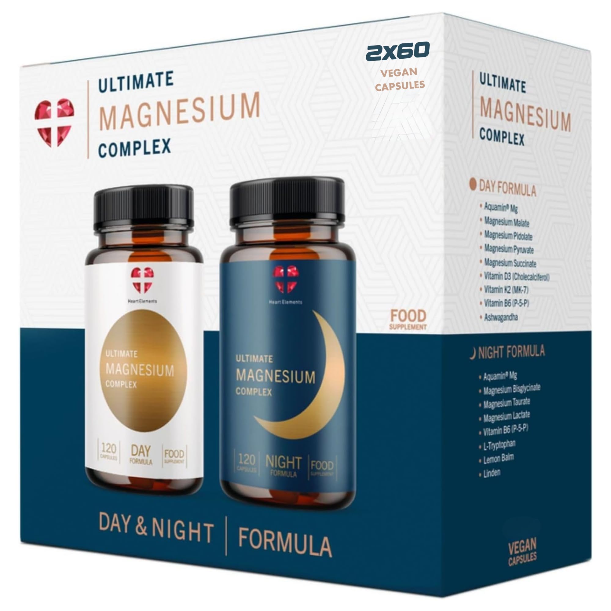 Ultimate Magnesium Complex, 2 x 120 Gélules de Complexe de Magnésium, Day & Night, métabolisme énergétique normal, nerfs, muscles, os, 8 formes, Aquamin Mg, B6 P-5-P, D3 K2, vegan