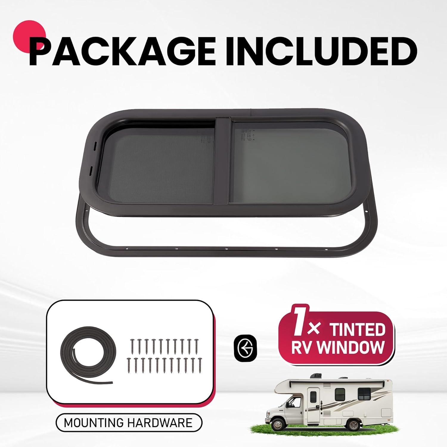 1PC 12" W x 24" H RV Window Universal W/Net Screen and Trim Ring Vertical Slide Window Tempered Glass Aluminium Plastic Rubber