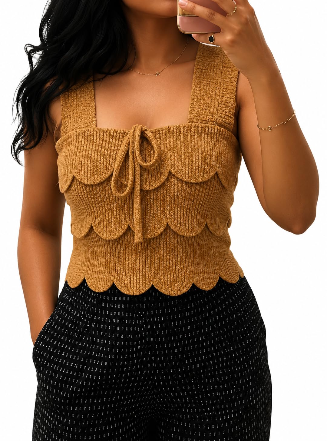 Women’s Scalloped Layered Crop Top (in, Alpha, M, Regular, Cream)