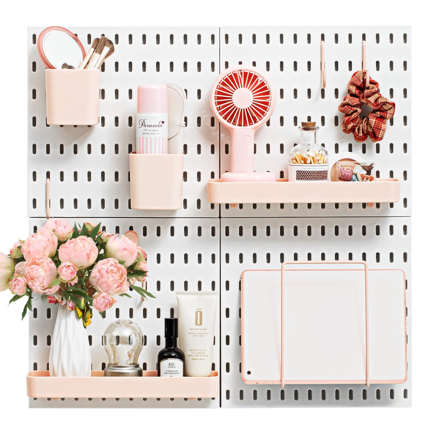 VUSIGNPegboard Combination Wall Organizer Kit, Wall Mount Display Pegboard Panel Kits for Bedroom, Study, Office, Bathroom, 4 Pieces Pegboards and 17 Accessories, 22" x 22", Pink