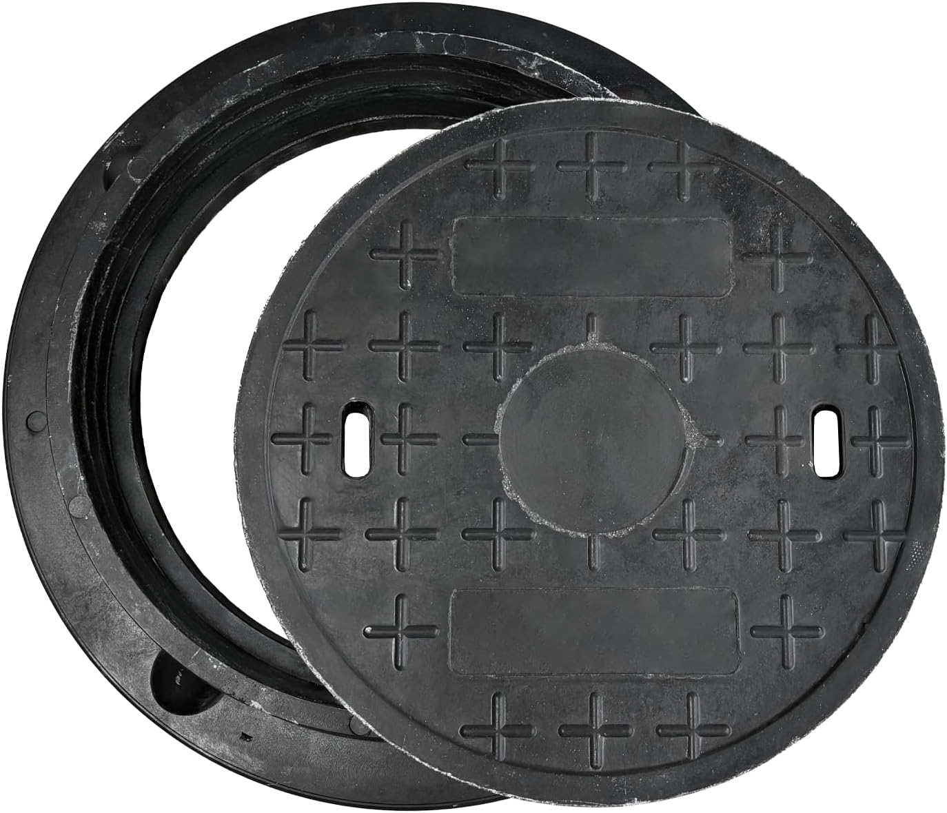 Round Manhole Cover and Frame 16in, Fiberglass Recessed Solid Top Cover Size 12in,10.4in Clear Opening Size,Septic Tank Cover and Base for yard,Non-slip Reinforced Sewage Basin Cover, Black overall size:?16in Black