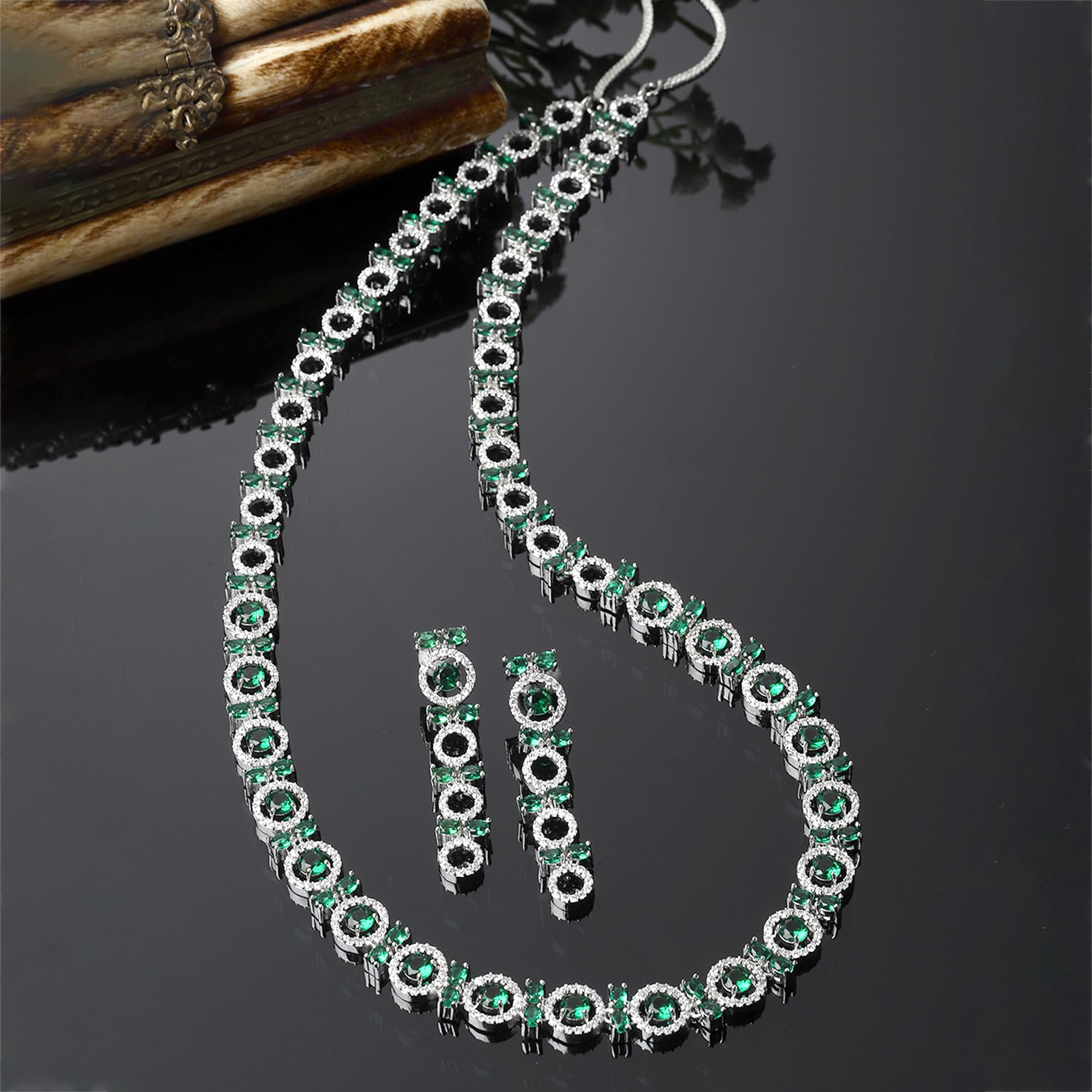 Circular American Diamond Long Necklace Earring Set
