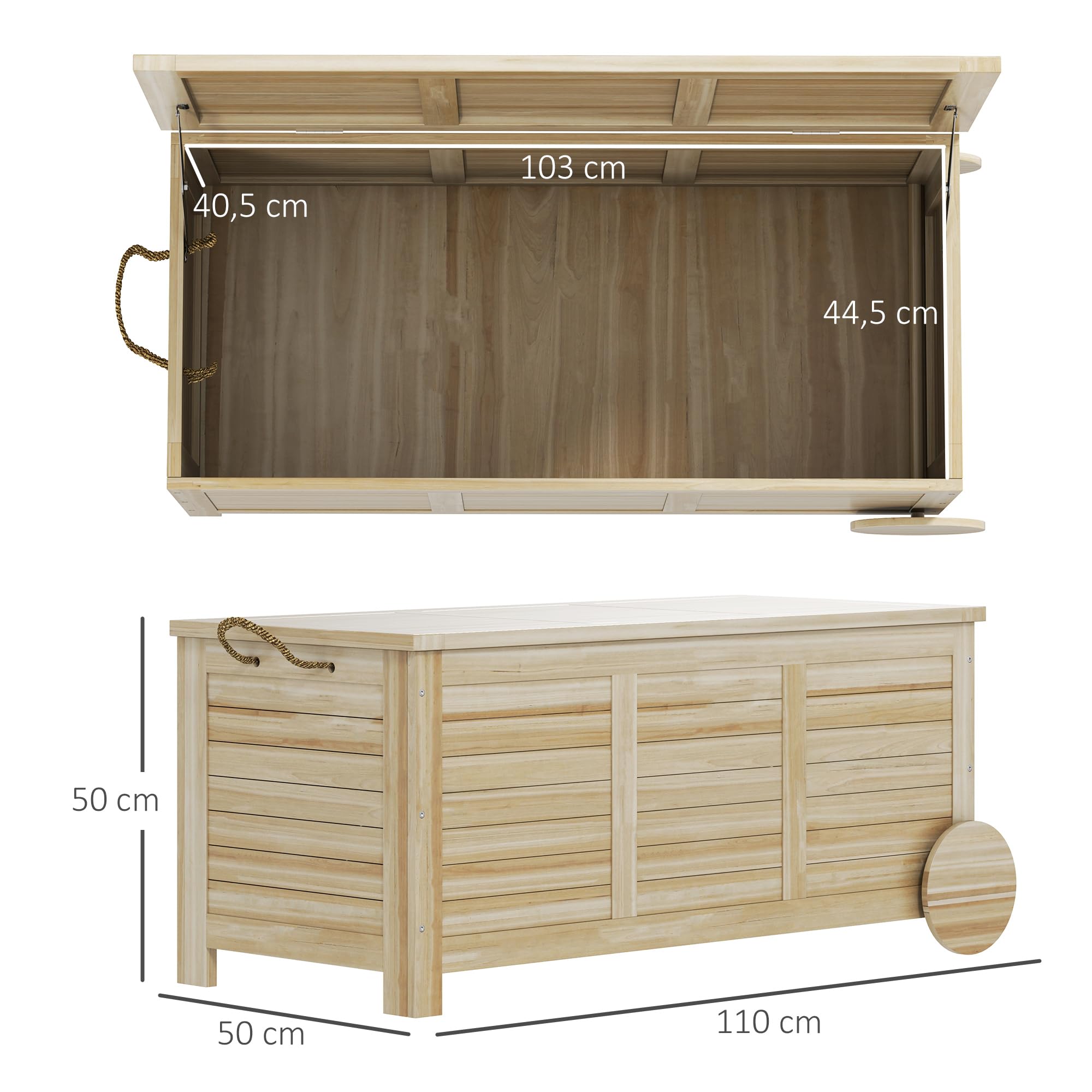 Outsunny Baúl de Almacenaje Exterior 185L, Arcón de Jardín de Madera con Tapa Abatible, 2 Ruedas, Bisagras Metálicas, Cuerdas de Lino y Forro Interior, 110x50x50 cm, Natural