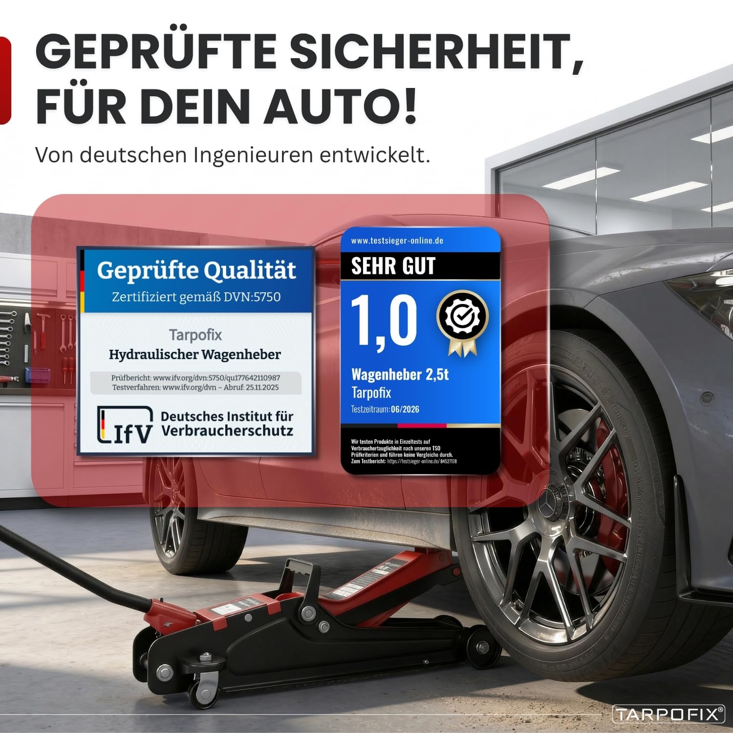 Tarpofix® Wagenheber 2,5t hydraulisch (85-380 mm Hubhöhe) | Premium-Komplettset Rangierwagenheber 2,5t mit Koffer | Hydraulischer Wagenheber flach für SUV & tiefergelegte Autos | Rot