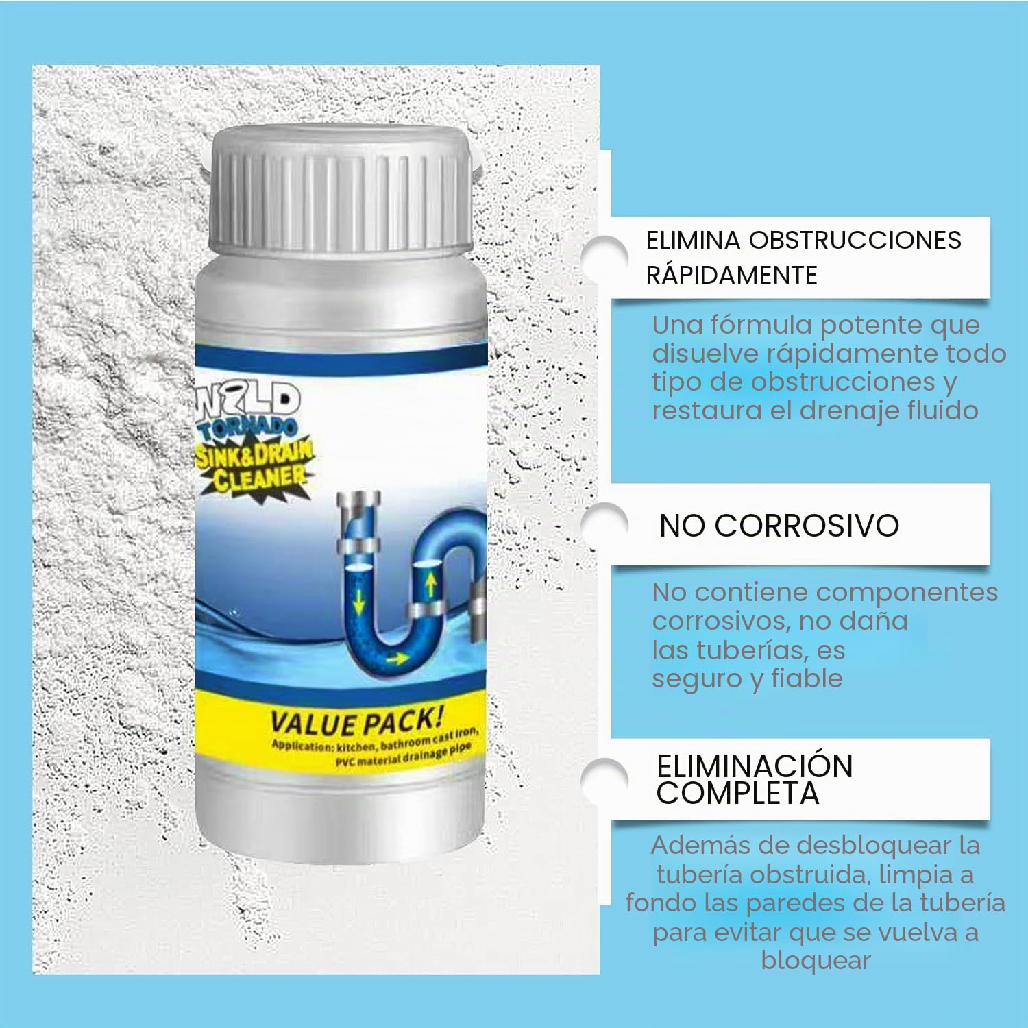 Agente De Dragado De Tuberías Potente,Polvo Espumoso Potente Para Fregaderos,Uso Rápido Y Práctico,Para Cocina,Baño E Inodoro,110G