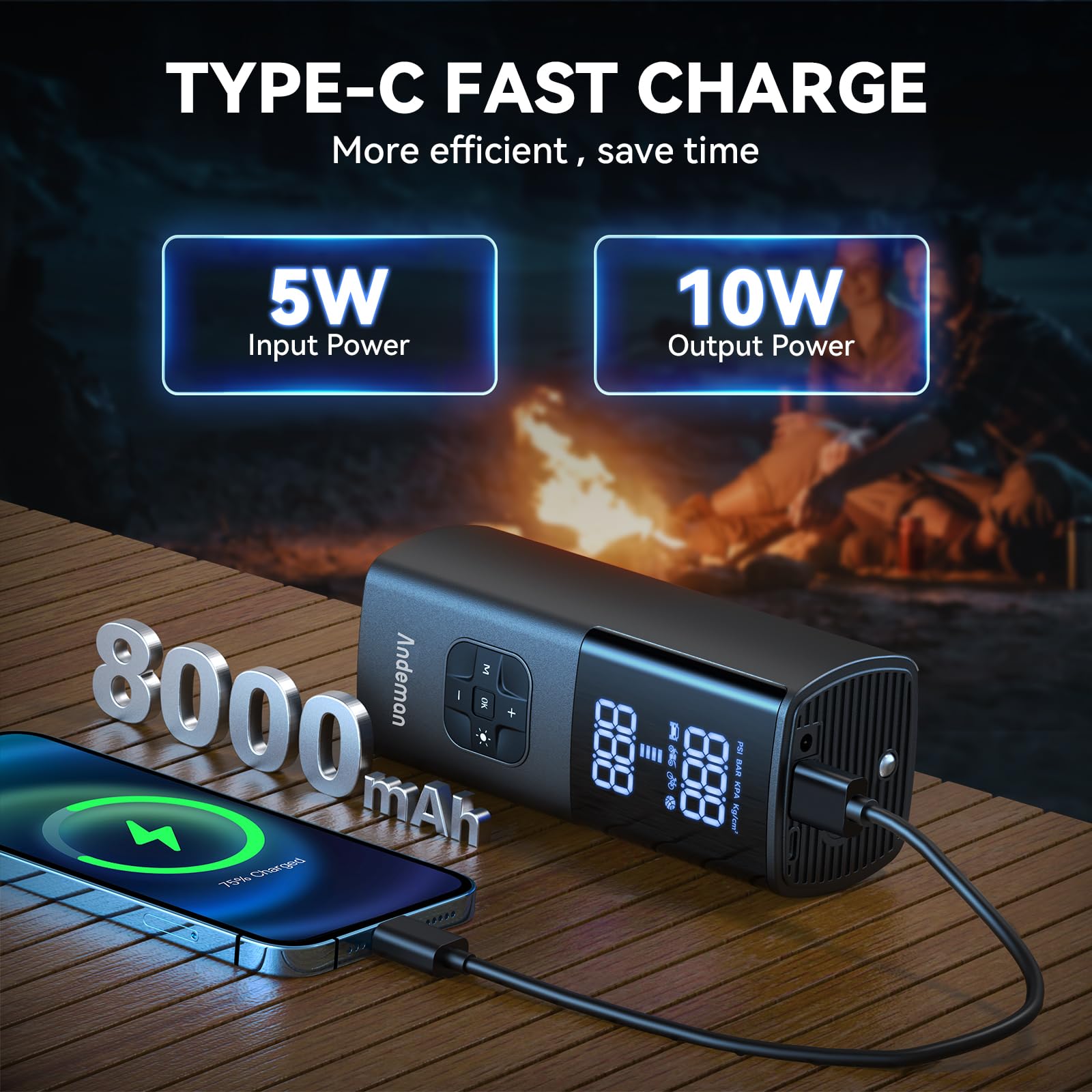 Andeman Tragbarer Luftkompressor, 150 PSI & 8000 mAh, tragbare Luftpumpe, 4 x schneller, kabelloser Reifenfüller mit großem Display und LED-Licht, schnurlose Luftpumpe für Autos, Fahrrad, Ball,