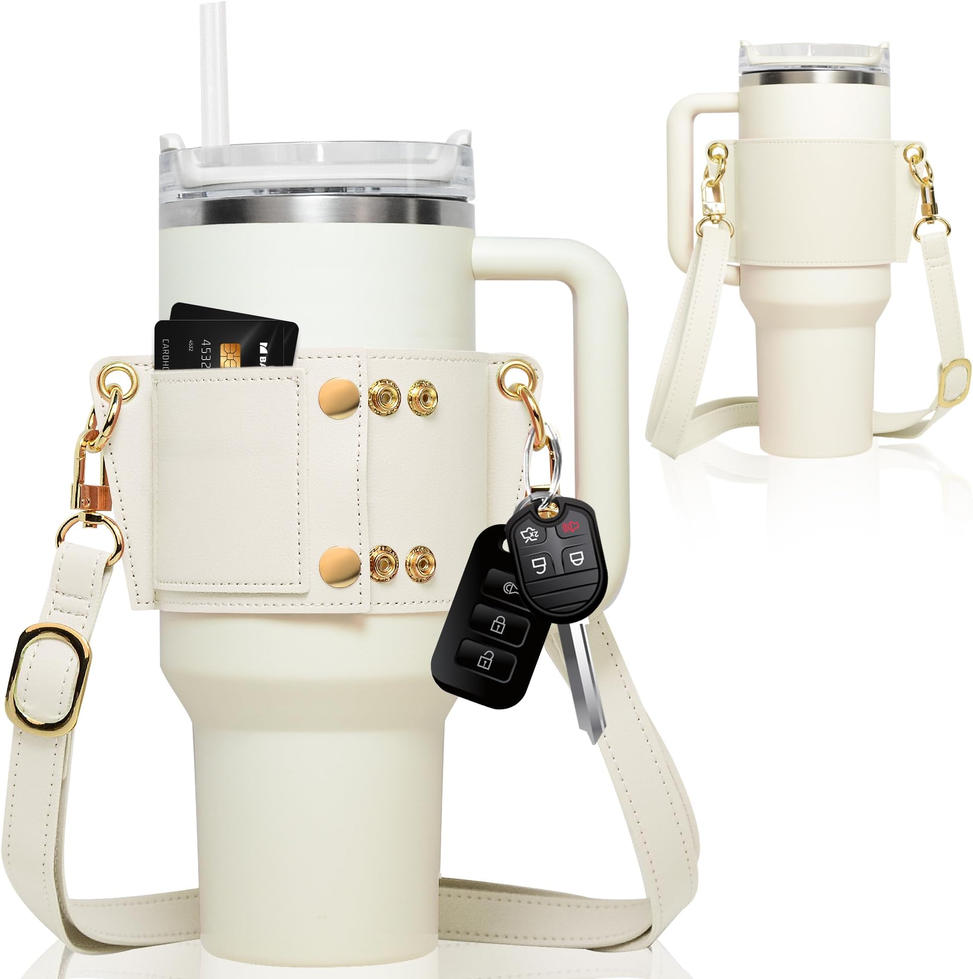 Water Bottle Holder - Carrier Strap for Stanley 40 oz & 30 oz Tumbler with Handle, for Stanley Cup Accessories, Adjustable Strap, Credit Card Holder, Keyring, Straw Cover (Cream)