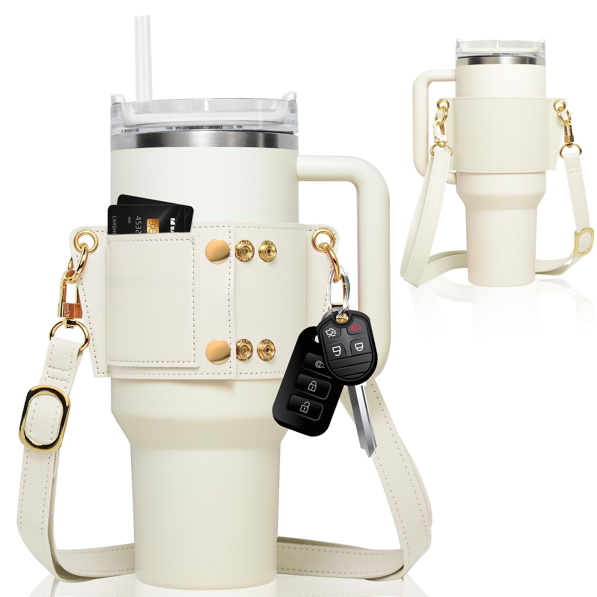 Water Bottle Holder - Carrier Strap for Stanley 40 oz & 30 oz Tumbler with Handle, for Stanley Cup Accessories, Adjustable Strap, Credit Card Holder, Keyring, Straw Cover (Cream)