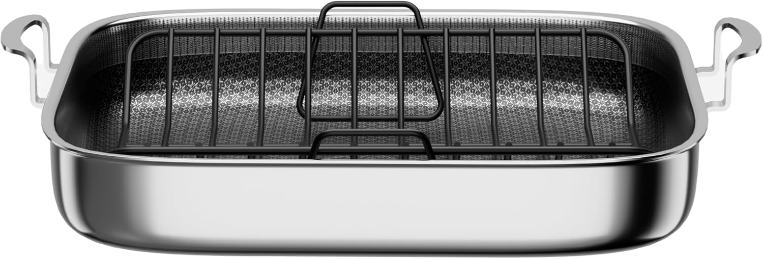 COOKER KING Stainless Steel Nonstick Roasting Pan with Rack, 18.27x14.84 Inch Roaster Pan for 25 lb Turkey & Chicken, Oven Safe Up to 900°F, Compatible with All Cooktops (Rectangular, Large)