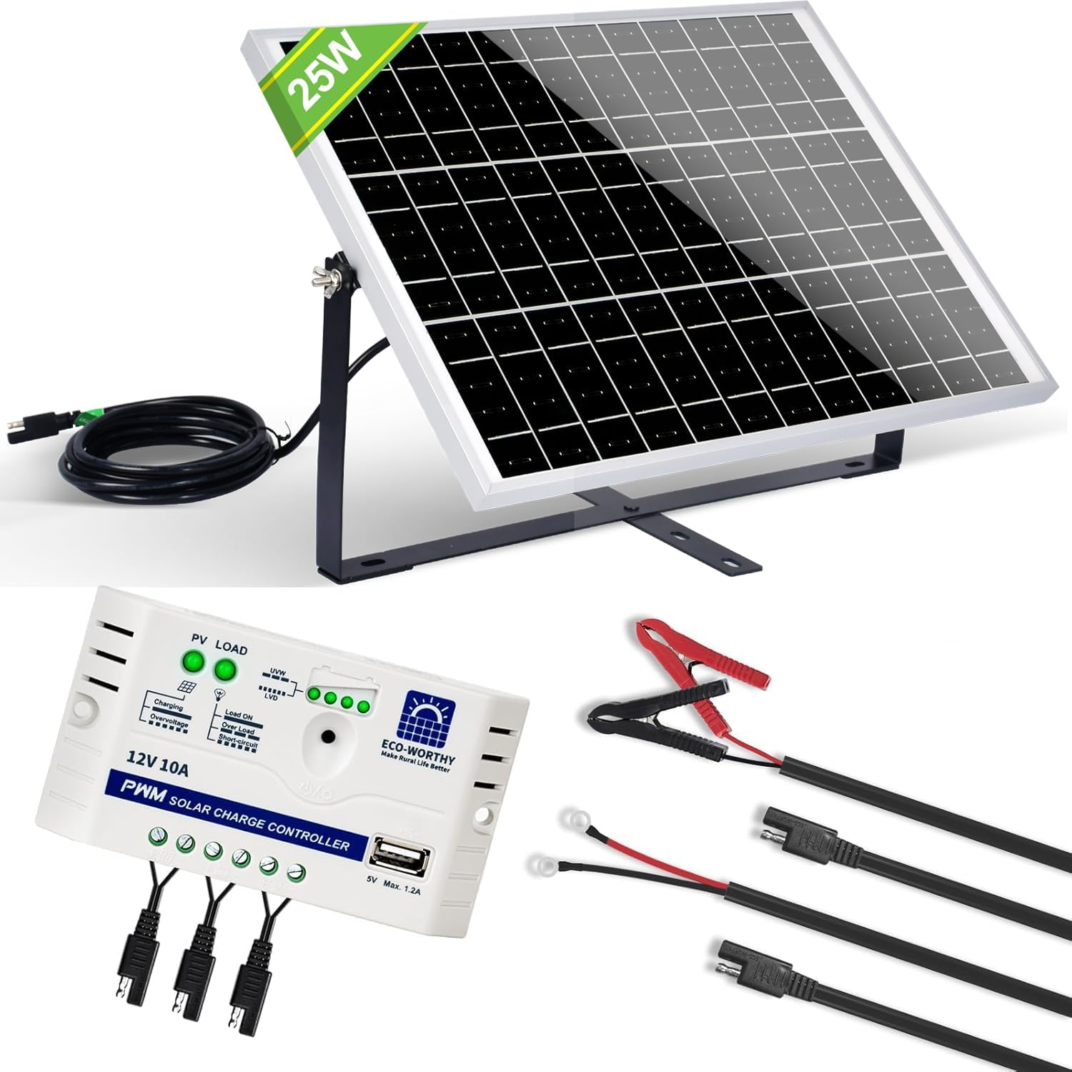 ECO-WORTHY Kit Panneau Solaire 25W 12V MONO : 25W Panneau Solaire + Support de Montage + Câble de connexion...