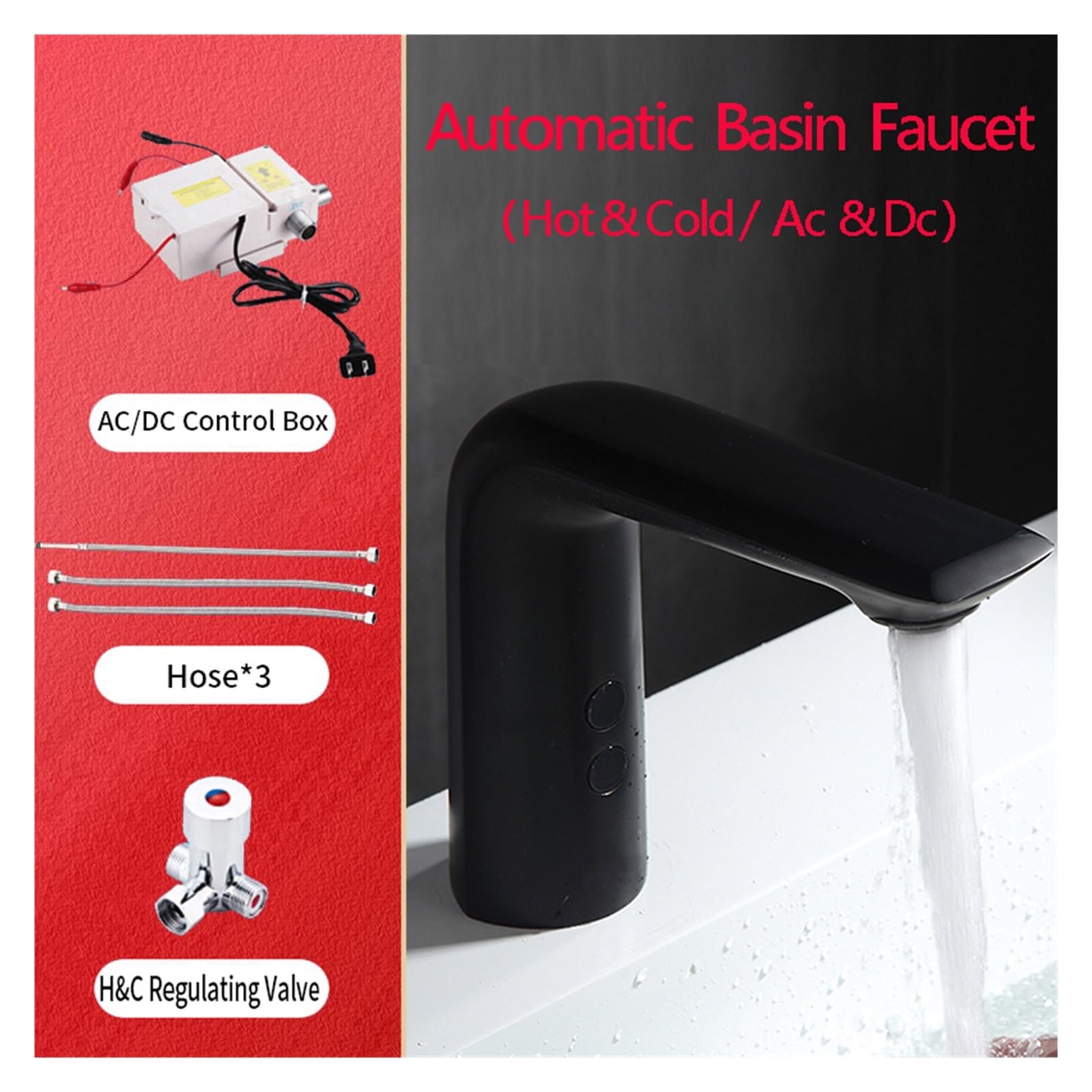 Robinet de Lavabo Automatique Black Negro Robinets Corps En Laiton Cuivre Mélangeur Eau Froide Chaude Ac 220 Tension Et Alimentation De La Batterie