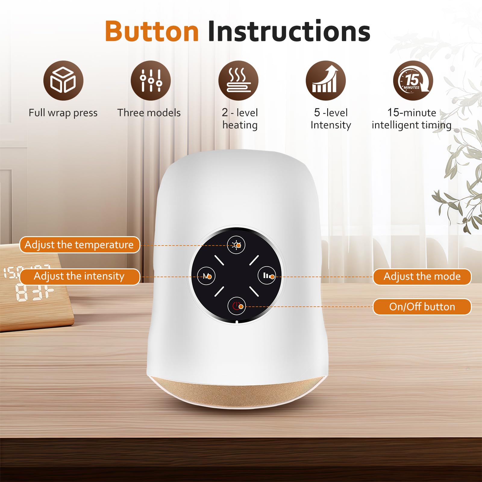 Appareil de massage manuel électrique avec 3 modes et fonction de chaleur à 2 niveaux, massage à air comprimé à 5 niveaux, écran tactile, portable pour les mains
