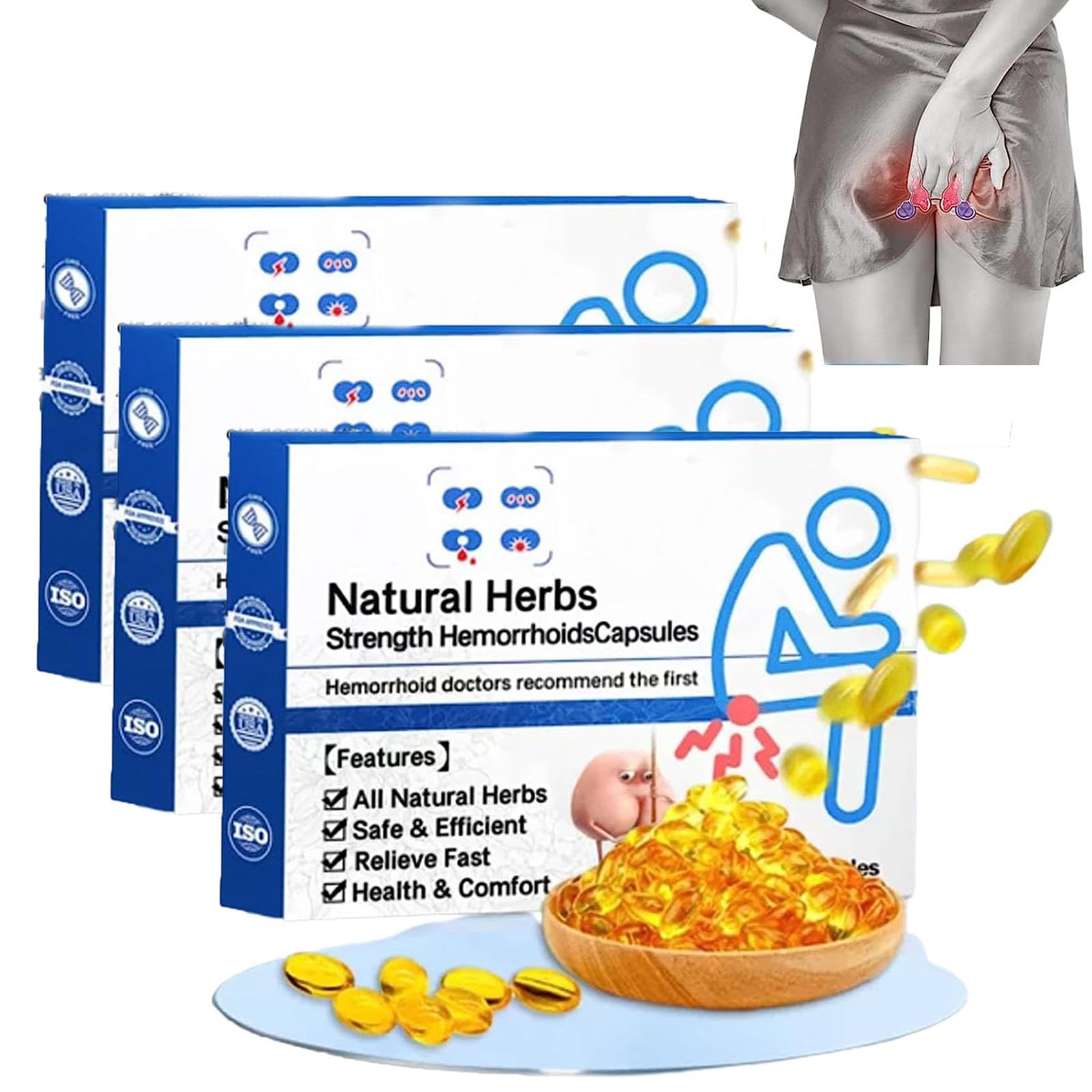 Goniome 1/2/3Box Natural Herbal Strength Hemorrhoid Capsules,Hemorrhoid Suppository,Natural Hemorrhoid Relief Capsules,Rapid Hemorrhoid Treatment,Helps Relieve Itching,Burning, Pain (3 Box)