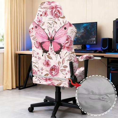 Miniatura 5 de Juego de 4 fundas elásticas para sillas de oficina, color rosa, con brazos, diseño de rosas y gatos, diseño de mariposas