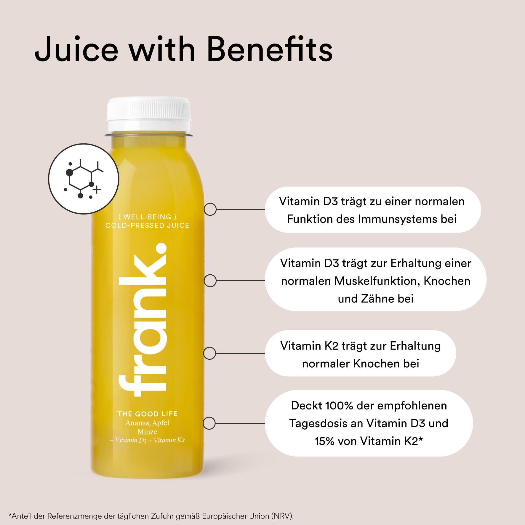 FRANK JUICE THE GOOD LIFE – kaltgepresster veganer Saft | 12 x 330 ml | Aus Fruchtsäfte & Gemüsesäfte mit Ananas, Apfel und Minze, inkl. EINWEG-PFAND 3€