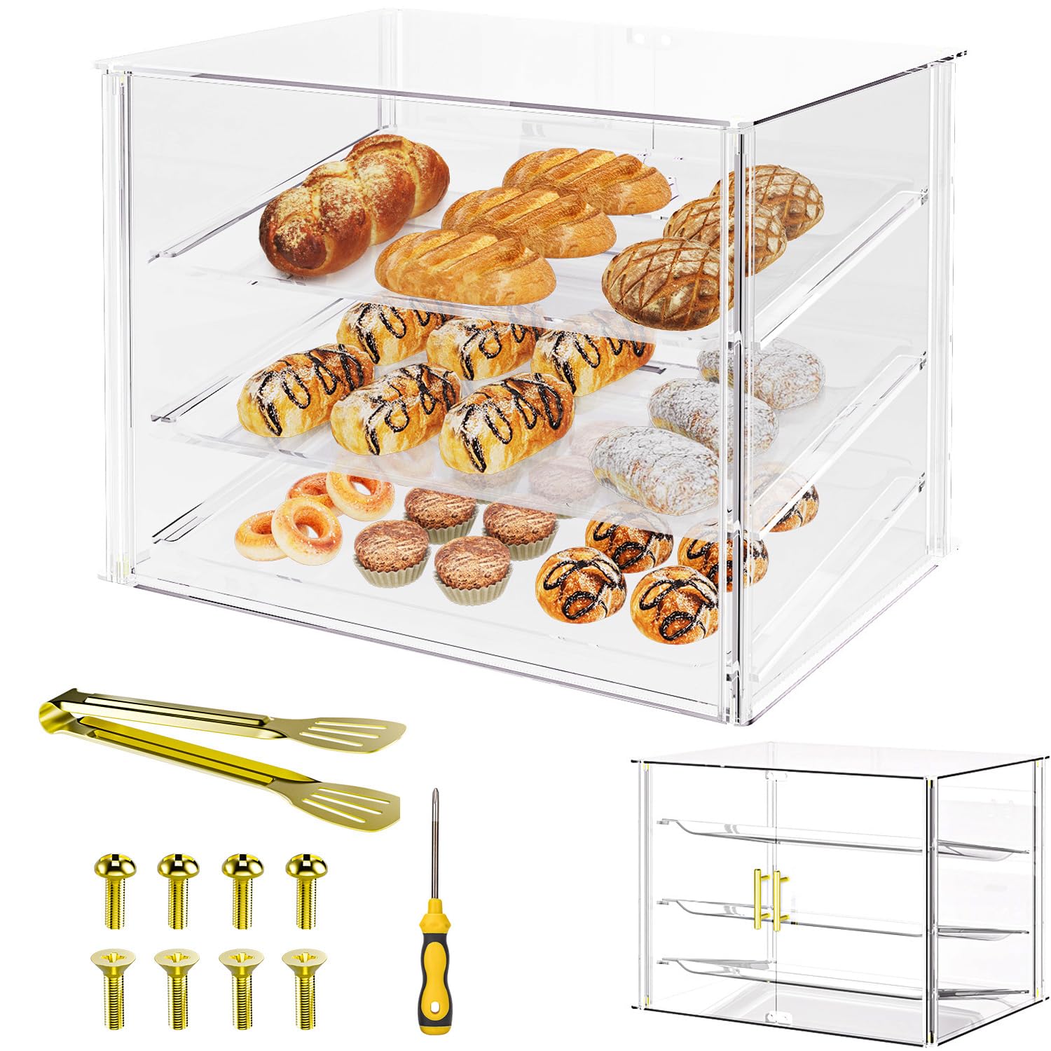 Cityjoy Espositore per pasticceria con 3 vassoi con porte posteriori magnetiche, 52,8 x 40,1 x 42,9 cm, in acrilico, con vassoi rimovibili e pinze in acciaio, espositore per alimenti per ciambelle
