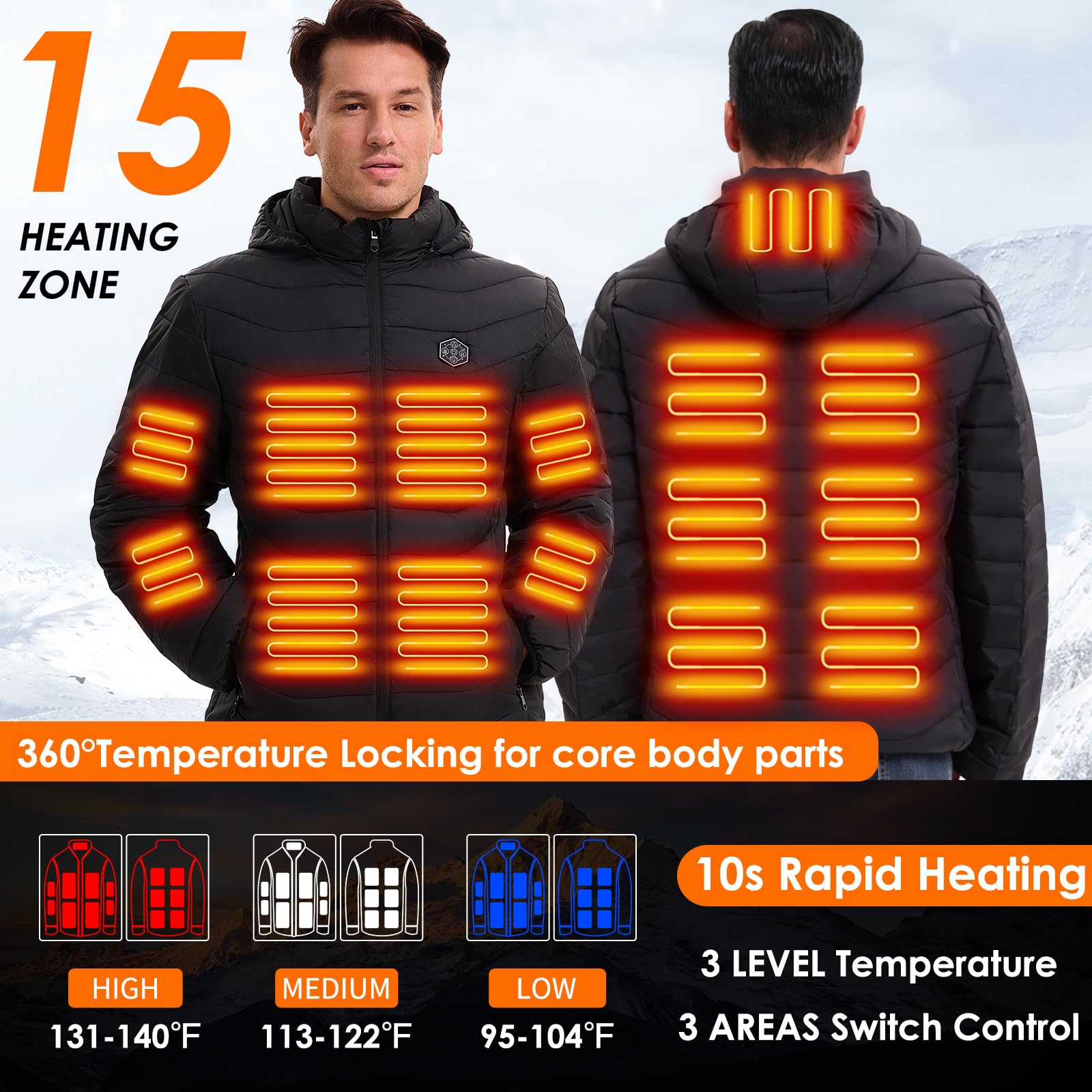 Unilove Men's Heated Jacket with 20000mAh Battery Pack - 15 Heating Zones - XL