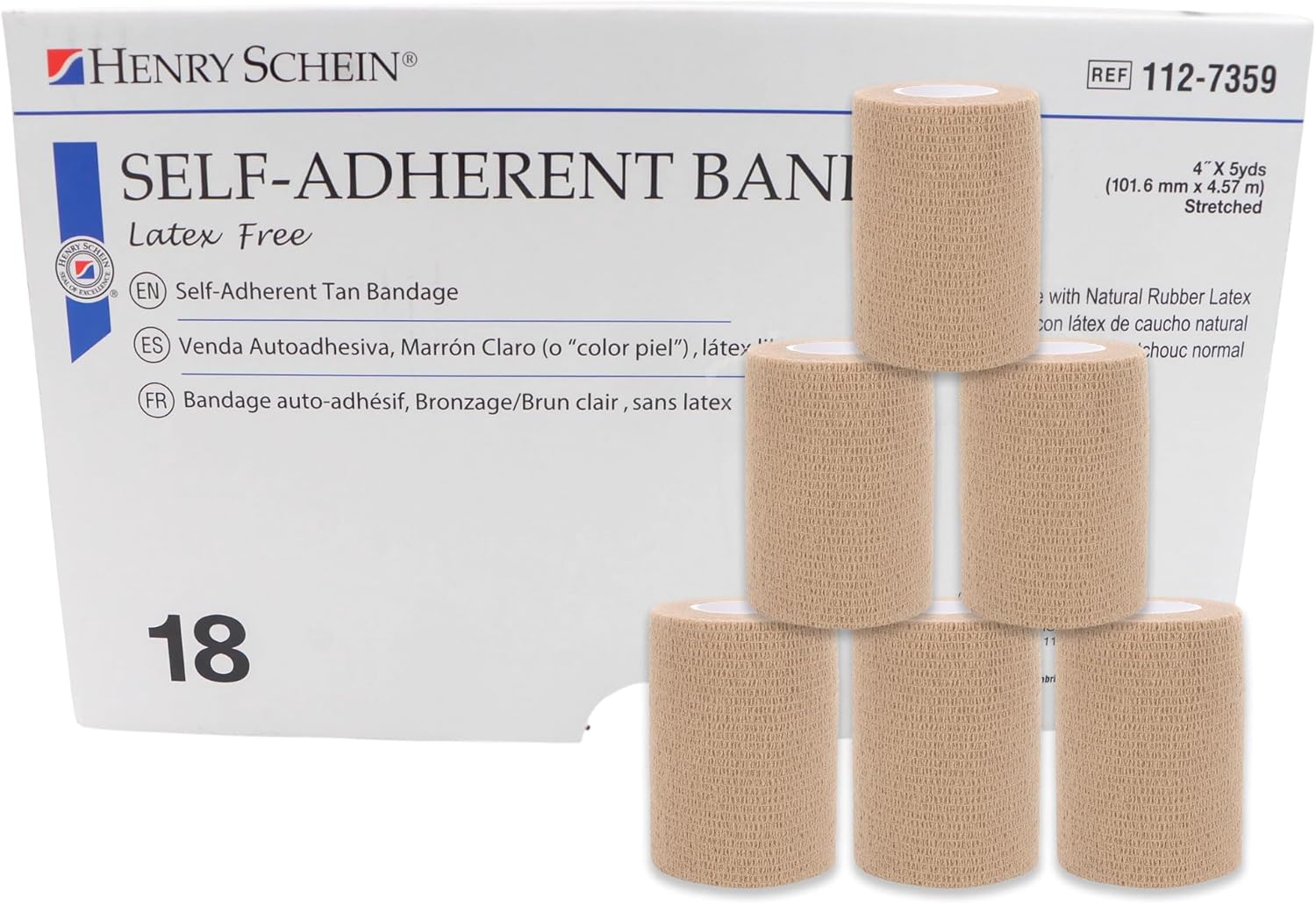 Henry Schein Premium Self-Adherent Elastic Bandage Wrap – 4" x 5 Yards, Tan – Box of 18 Rolls – Flexible, Latex-Free, Non-Sterile Medical Wrap for Compression & Wound Support