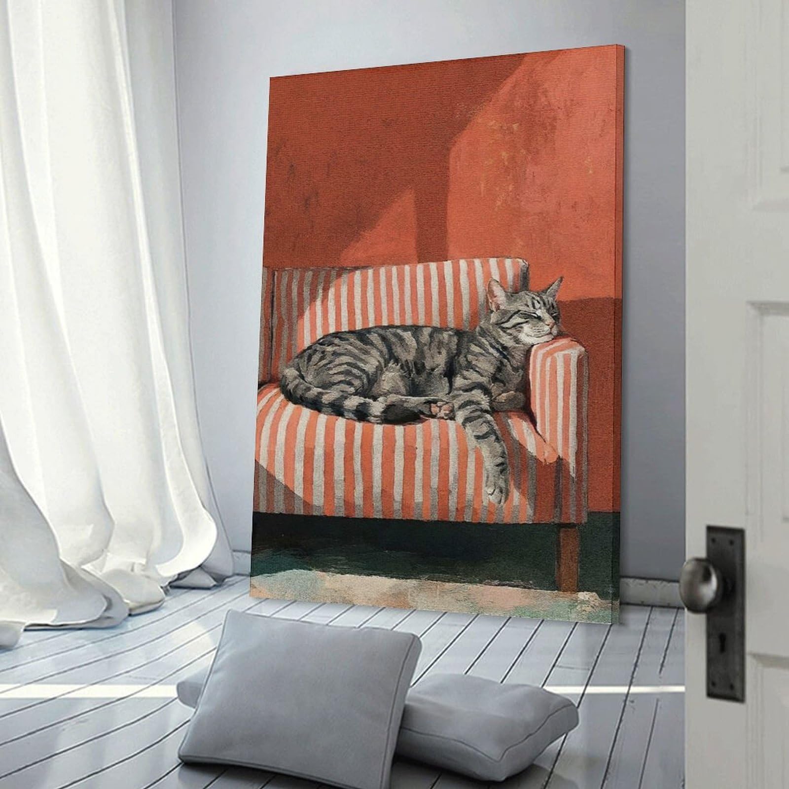 Junmoney Frame-Style-11 Sleeping Tabby Cat On Striped Couch Canvas Art Print 20X30inch(50X75cm), For Gallery Wall Layouts In Home Or Office, Decorative Artwork With Flexible Styling