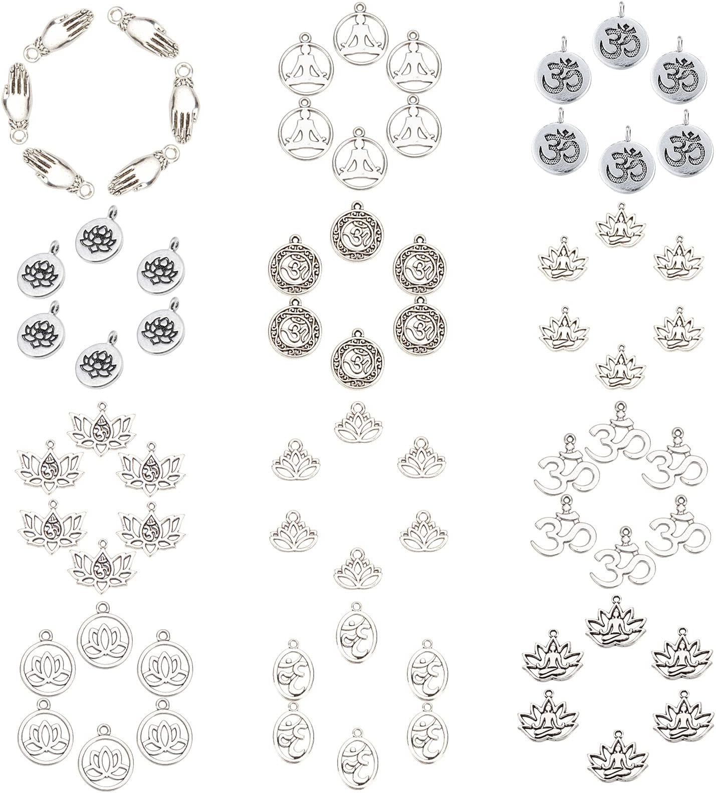 SUNNYCLUE 1 Box 72Pcs Lotus Yoga Charms Flat Round Lotus Pendant Mixed Smooth Tibetan Alloy Metal Charms Lotus Hand-Shaped Charms for DIY Necklace Bracelet Anklet Earring Jewelry Making