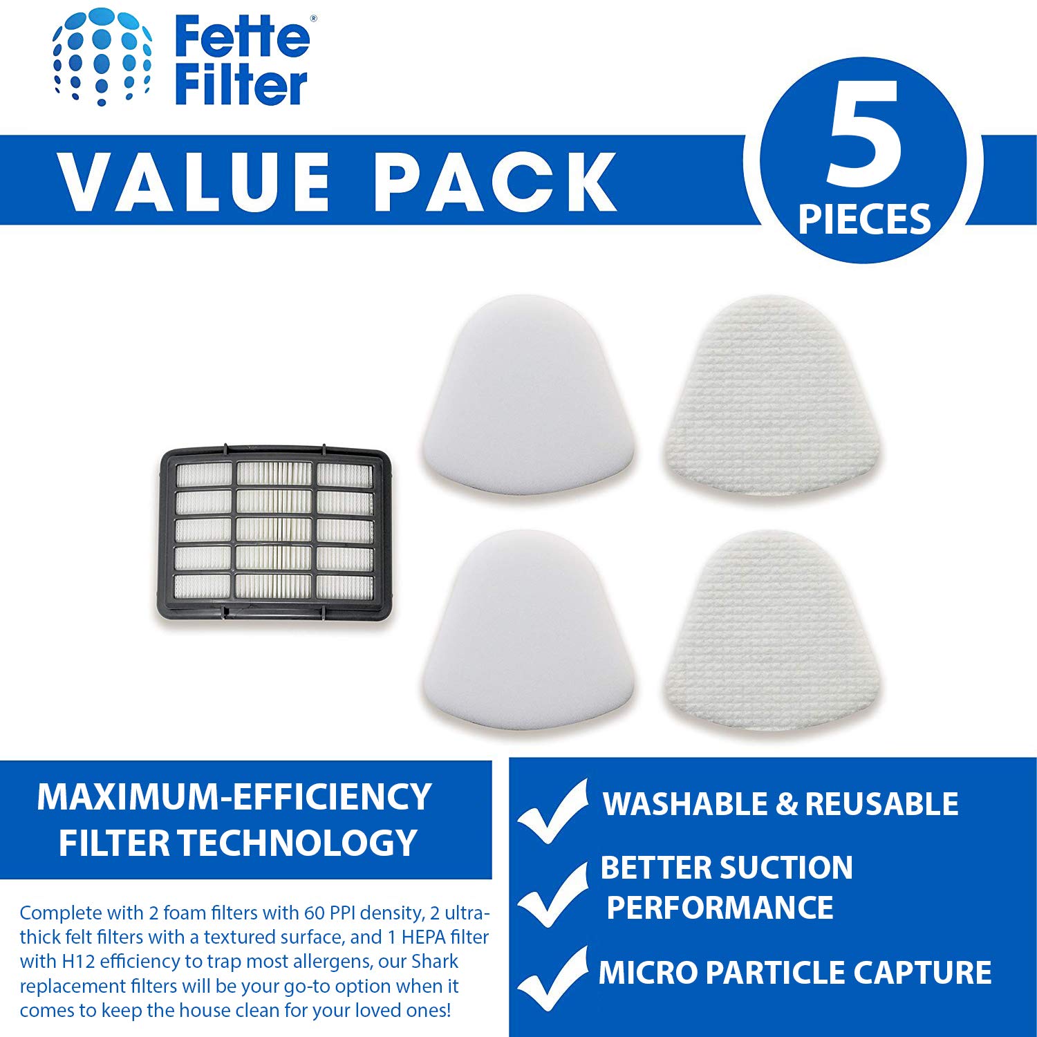 Fette Filter – Filters for Shark Vacuum Navigator Lift-away ZU503AMZ, NV350, NV351, NV352, NV355, NV356E, NV357, NV360, NV370, NV391, UV440, UV490, UV500, UV540, UV541, UV550, Part XFF350 XHF350