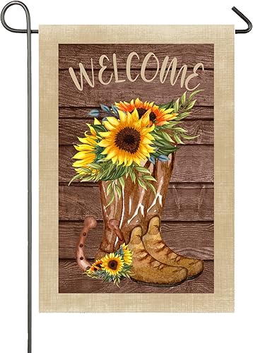 Botas de girasol, bandera de jardín, bandera de bienvenida de verano, 12 x 18 pulgadas, botas de vaquero florales de doble cara, banderas de