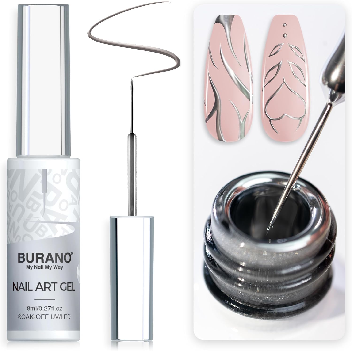 BURANO Gel Nagellak 8ml, Liner UV LED Gellack Gel Polish, Liner Nagellak Nail Art Manicure Pedicure, Professioneel Salon Thuisgebruik (silver)