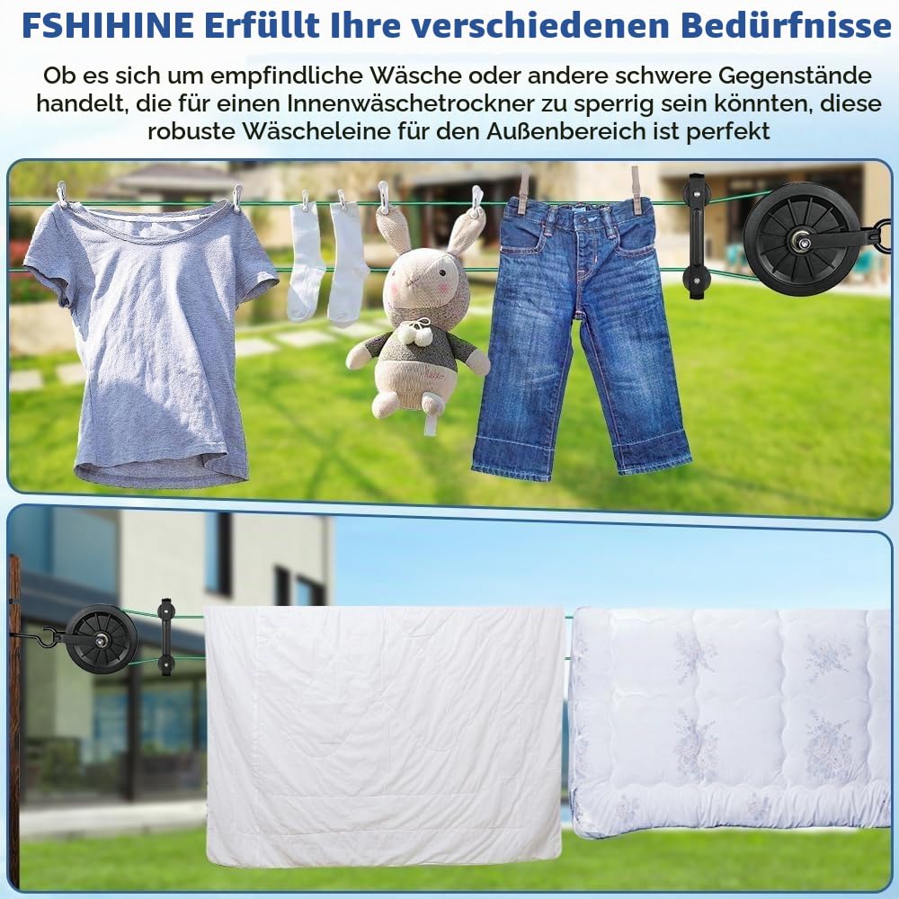 45m Wäscheleine Riemenscheibe Set, 4,5mm Grünes PVC Ummantelt Drahtseil mit 16cm Nylon Umlenkrollen, M8 Schraubhaken, Spreizer Wäscheleine, Wetterfest für Outdoor Wäsche Trockenschnur