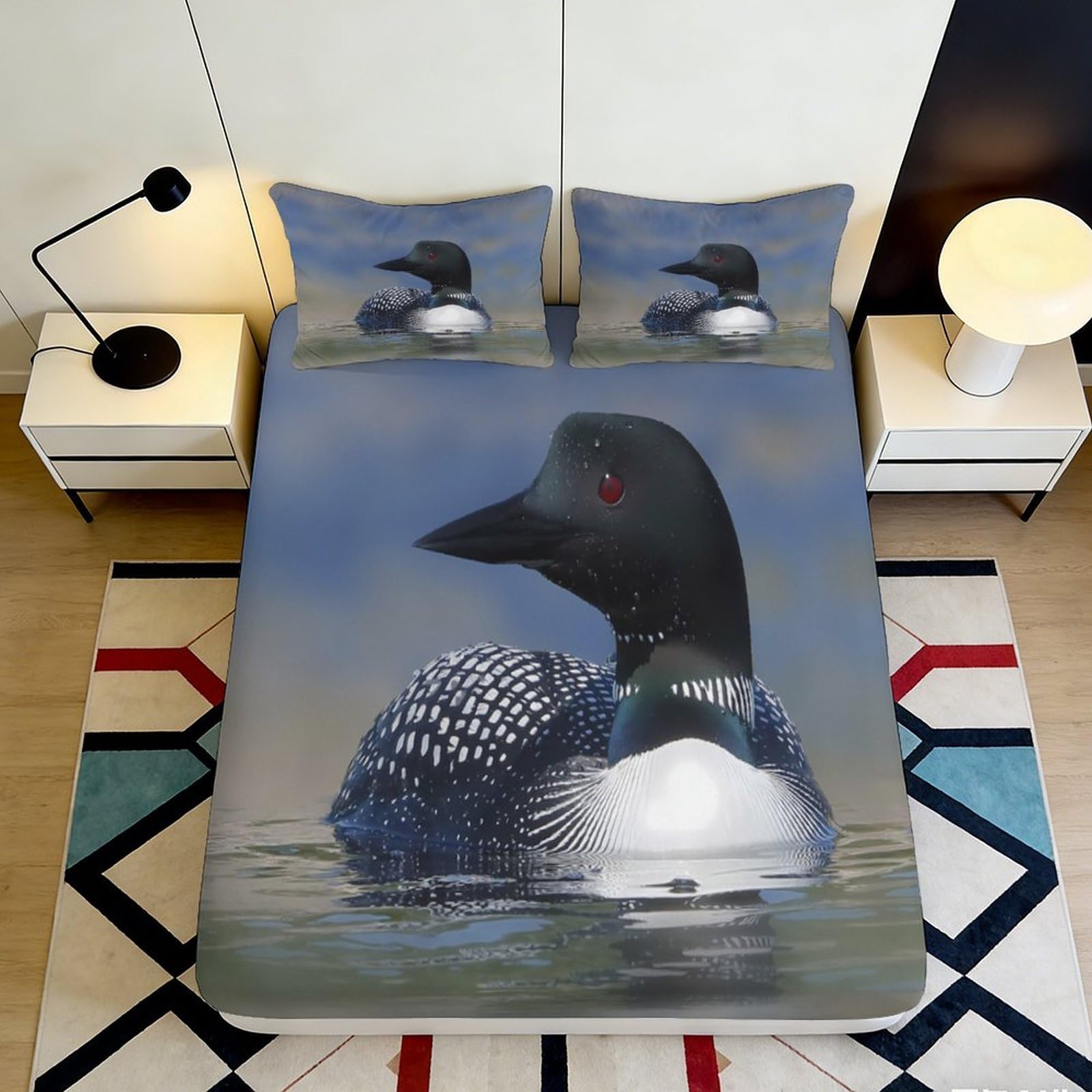 3D Printed Loon Lake Fitted Sheet Microfiber Soft Water Bird Bed Cover for Bedroom Guest Room Mattress Protection Decor 180x200x25cm