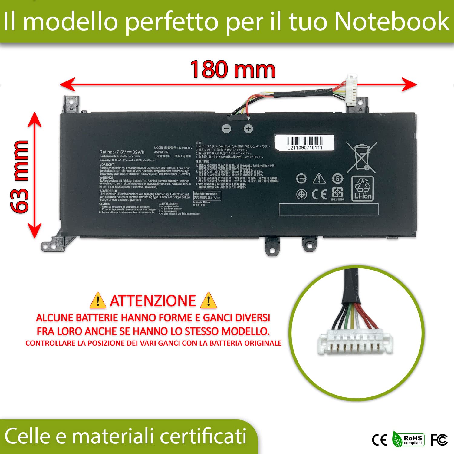 Batteria C21N1818-3 B21N1818-3 compatibile con Asus VivoBook 14 15 serie M409 F509 X509 D509 A409 D409 F409 X409 A509 M509 X509F [ 7.6 V - 4212 mAh - 32 Wh ]