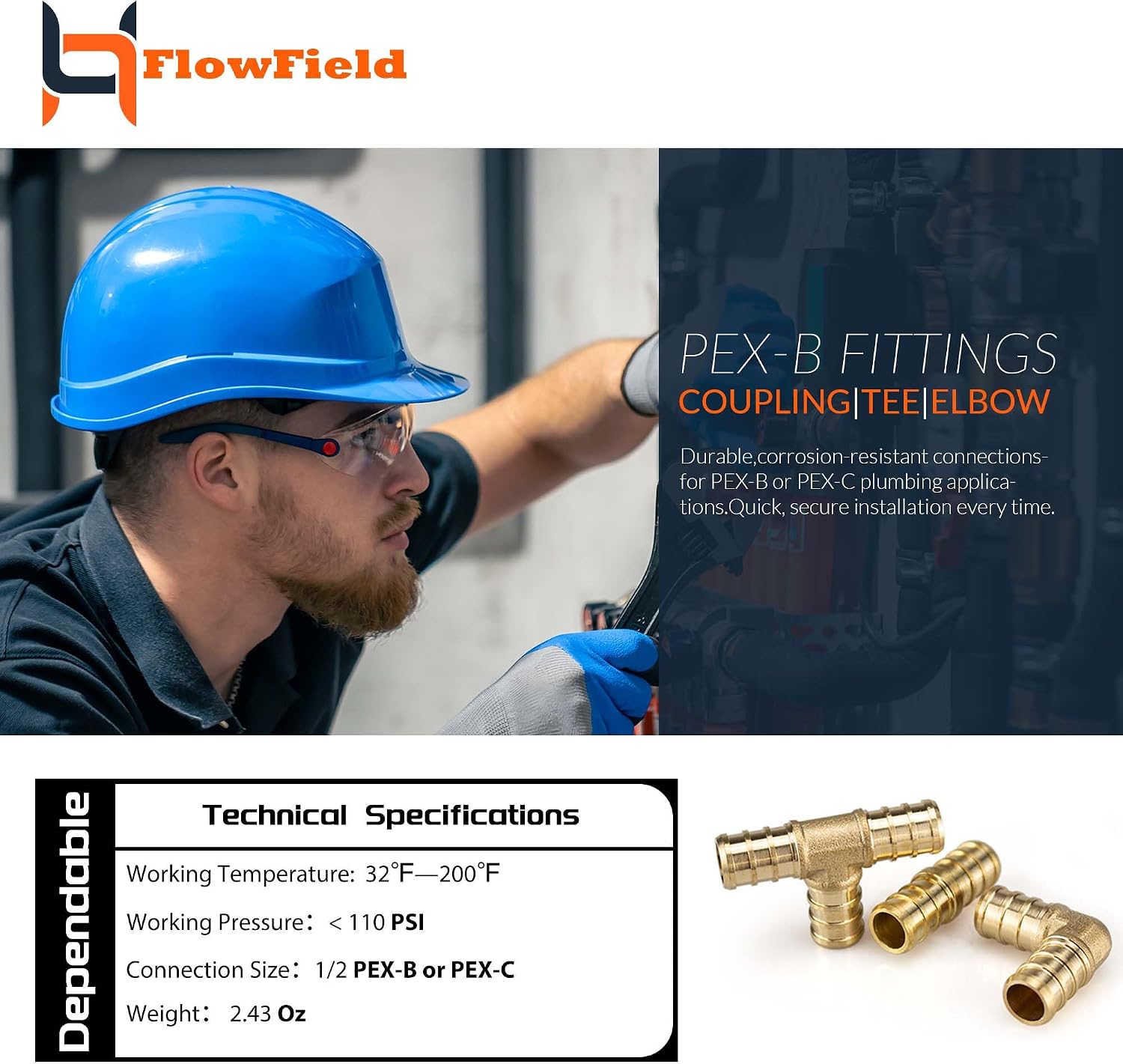 FlowField 1/2 Pex-B Brass Fittings Drop Ear Elbow, Tee, Coupling, Set, for PEX Piple Plumbing (1/2 3-Variety Set, 30)