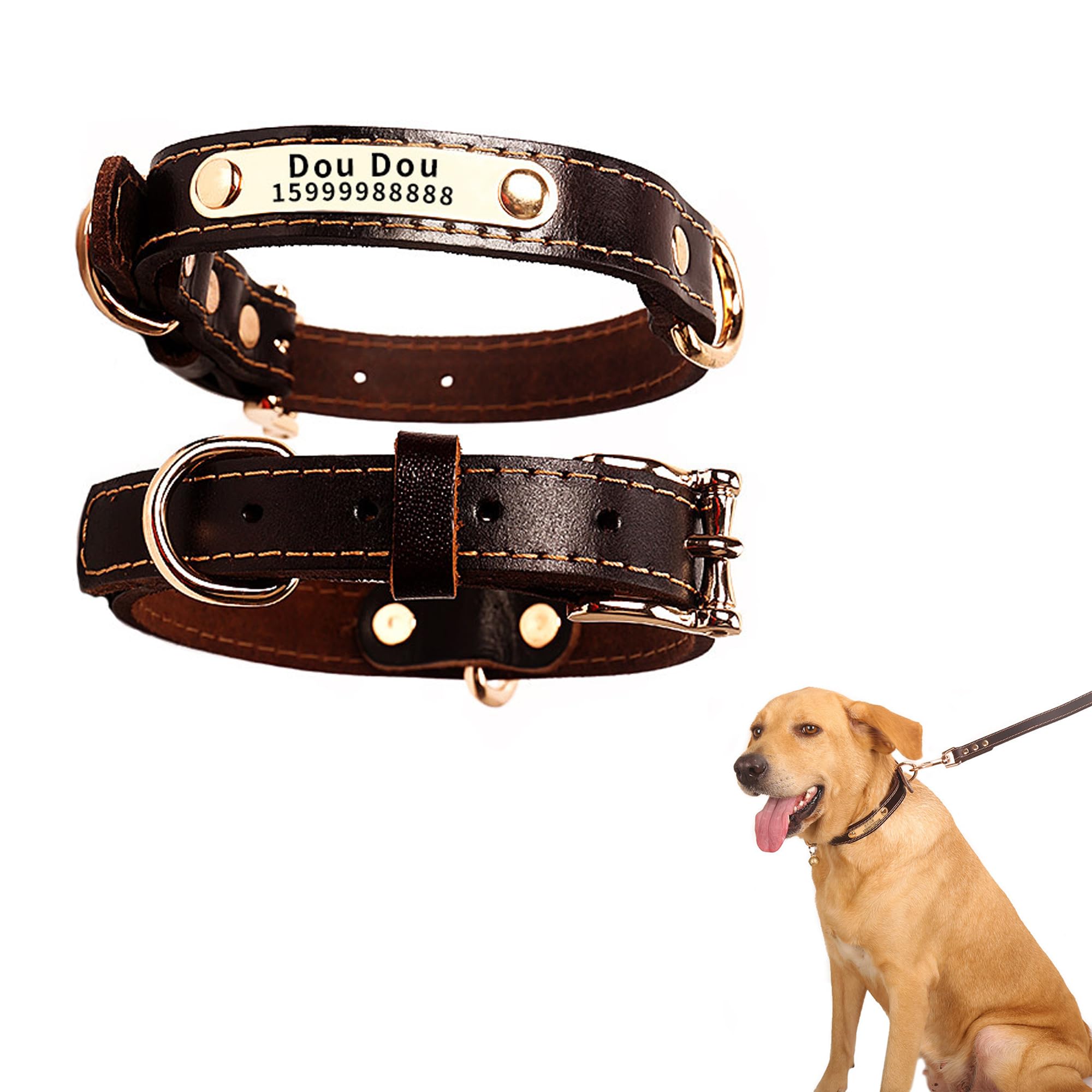Collar de perro personalizado, collar de cuero para mascotas, impermeable y antipérdida, tamaño ajustable para collares de perros grandes, medianos y pequeños
