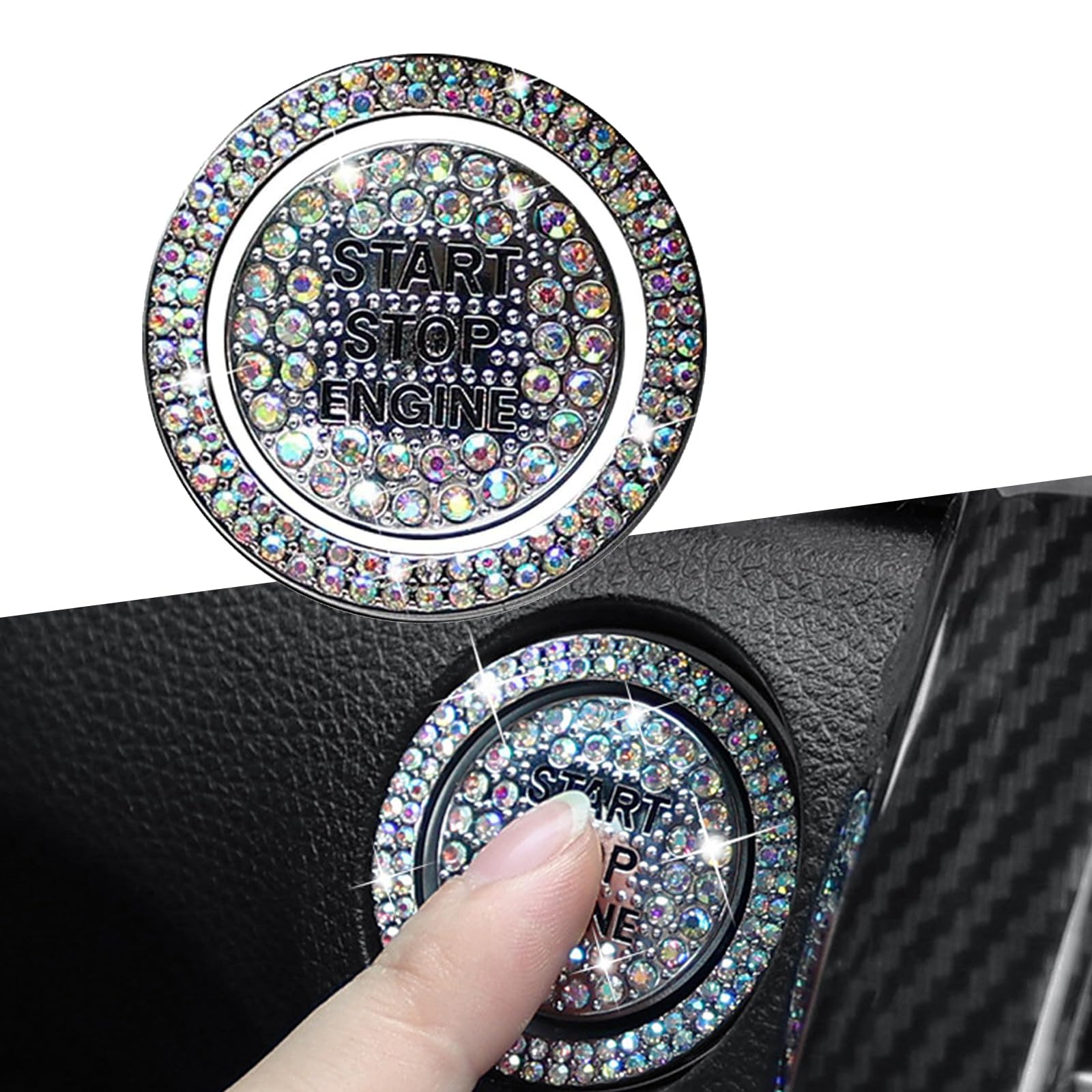 2 PCS Bling Car One-Button Start Decorative Ring, Diamond-Encrusted Start-Stop Button Anti-Scratch Protective Cover, Key Ignition Knob Ring, Universal Interior Shiny Accessories (Multicolored)