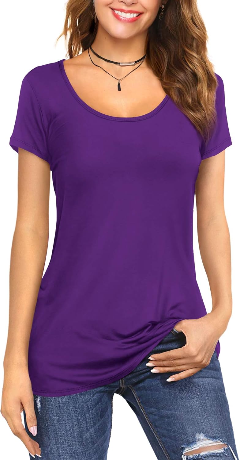 Amoretu Women's Scoop Neck Short/Long Sleeve Tees Cotton T Shirts Blouses Tops