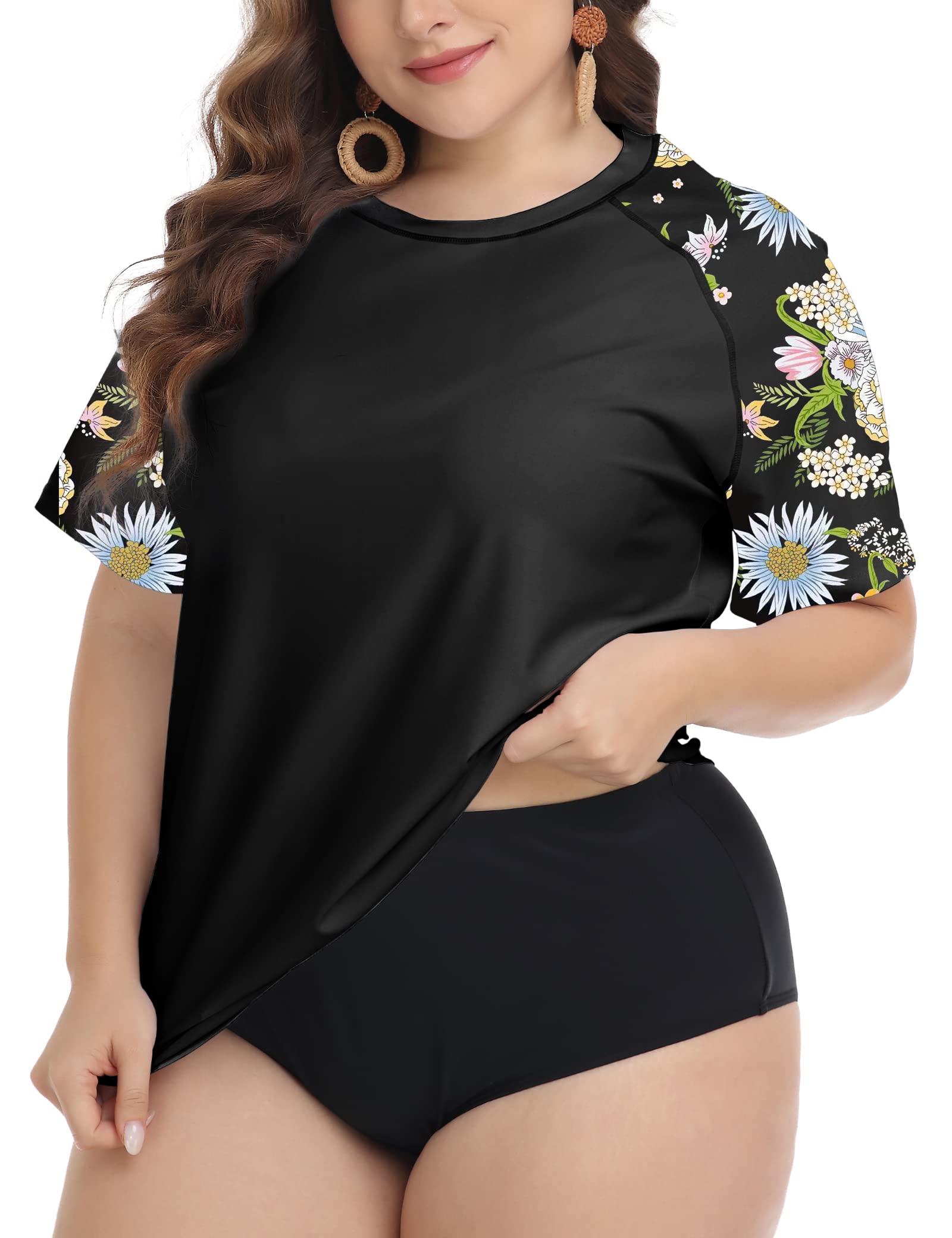 foreyond Plus Size Rash Guard Shirts for Women Short Sleeve UPF 50+ Sun Protection Swimwear Swim Suits Top-picture-46