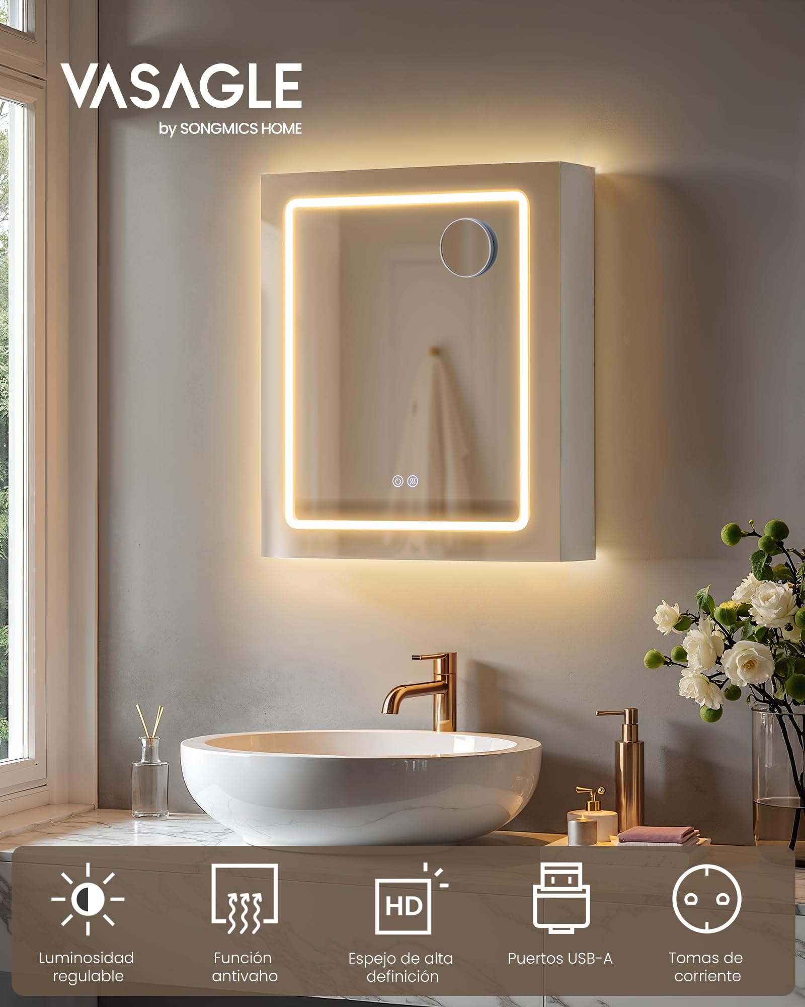 VASAGLE Kailyn Colección - Armario de Pared para Baño con Espejo, con LED, Multienchufe, Función Antivaho, Espejo de Aumento 10x, Estilo Moderno, 16,5 x 50 x 60 cm, Blanco BBK133W01