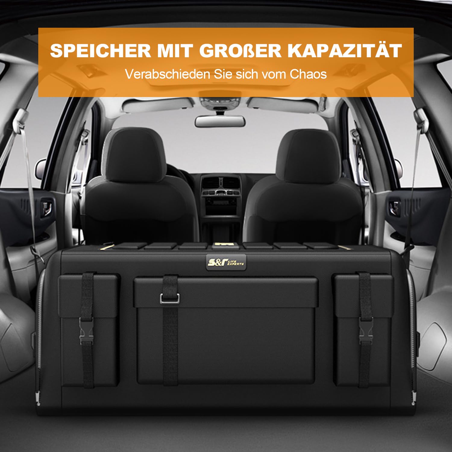 Ergocar Kofferraum Organizer 1680D Oxford Aufbewahrungstasche Multitasche Rücksitz Organizer 3 mal Größe Faltbar Auto Kofferraum-Tasche für Auto/LKW/SUV (Schwarz, 60L Keine Seitentaschen)
