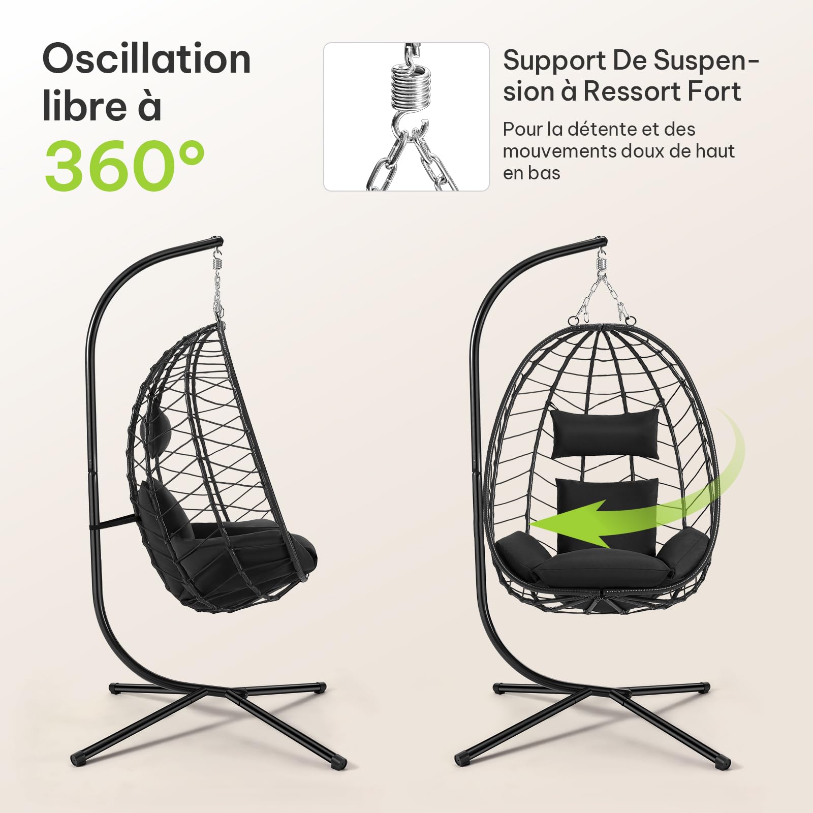 Laneetal Fauteuil Oeuf Suspendu, Chaise Balançoire, avec Support en Métal, Coussin de Siège et Appui-tête, Charge 150kg, Rotin PE, pour Jardin, Balcon, Terrasse, 102x100x196cm, Anthracite