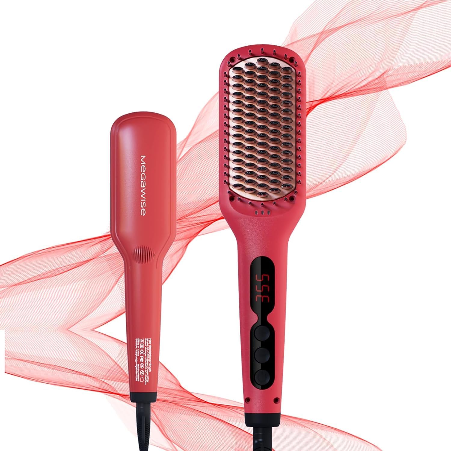 2023 Updated MEGAWISE Hair Straightener Ceramic Brush ; Anti-Scald Dual Voltage Flat Iron Hot Brush | Rotatable Cord |Auto Shutoff | Anti-frizz |for All Hair Types