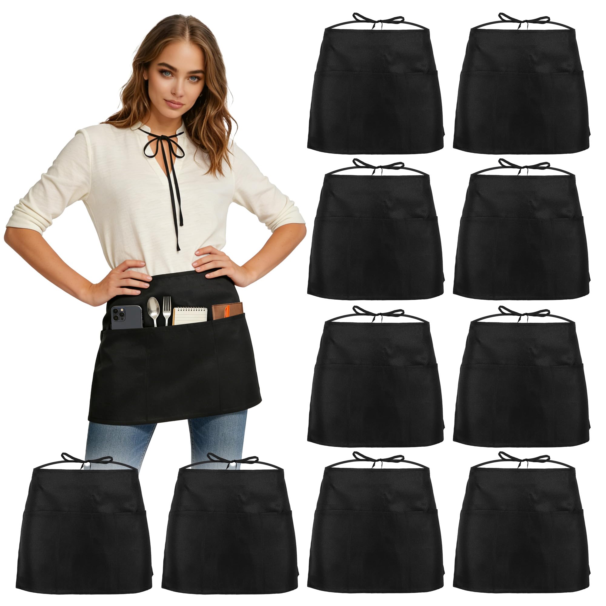 WENLISELL 10 Pack Waist Apron, Black Half Apron with 3 Pockets, 63x47cm Short Chef Apron for Home Kitchen Restaurant Work, Waiter, Cooking, Baking