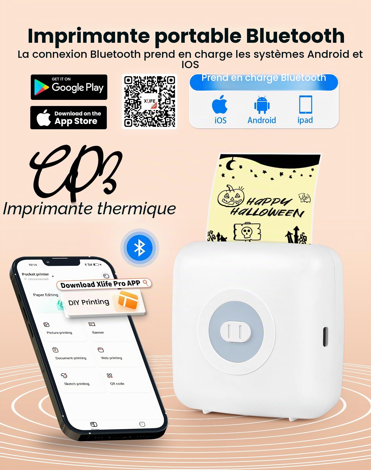 CP3 Mini imprimante, thermique, étiqueteuse Bluetooth de poche, mini imprimante d'étiquettes thermiques pour Noël, compatible avec Android et iOS, blanc